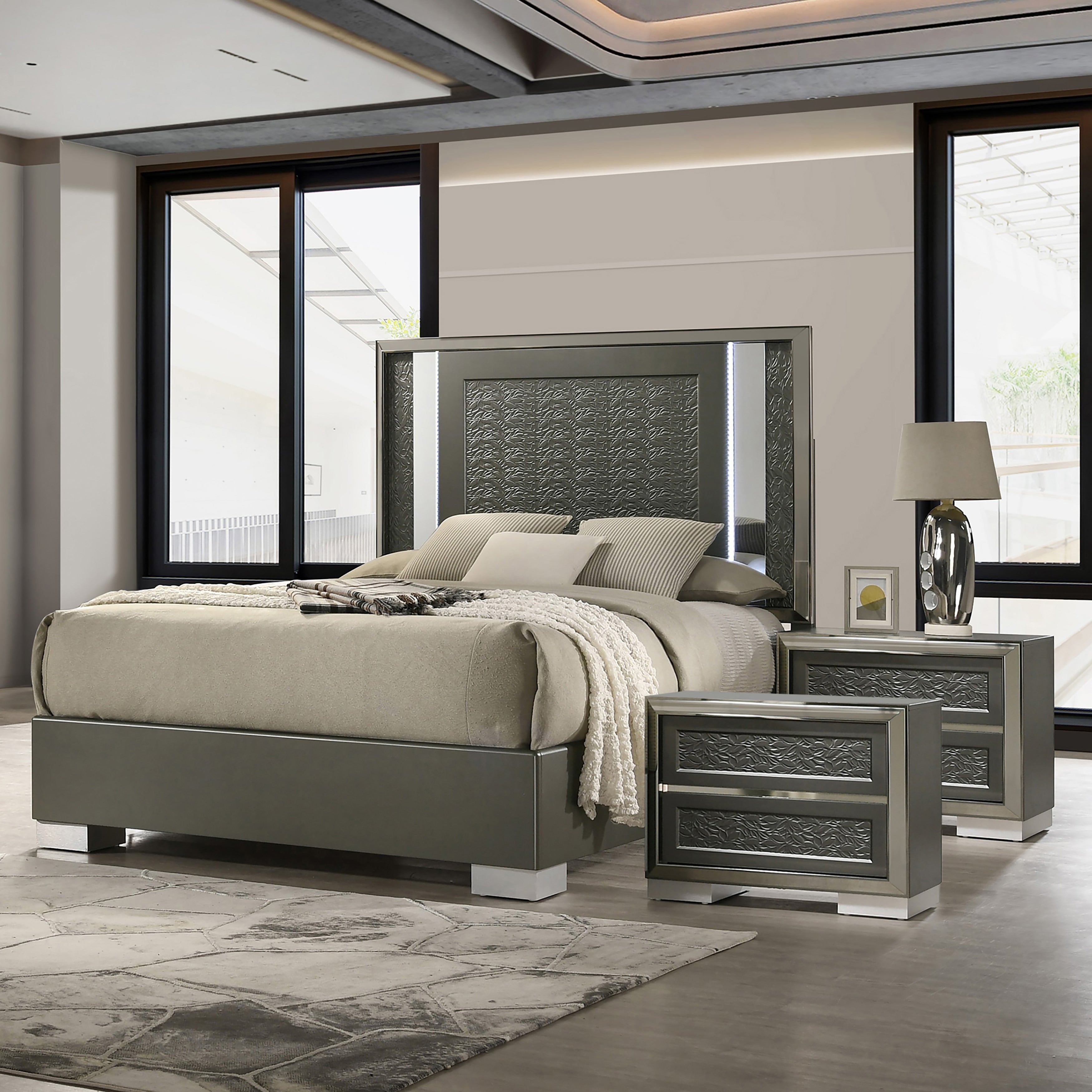 Furniture Of America Iralles Modern 3 Piece Dark Grey Wood King Platform Bedroom Set With Led Light