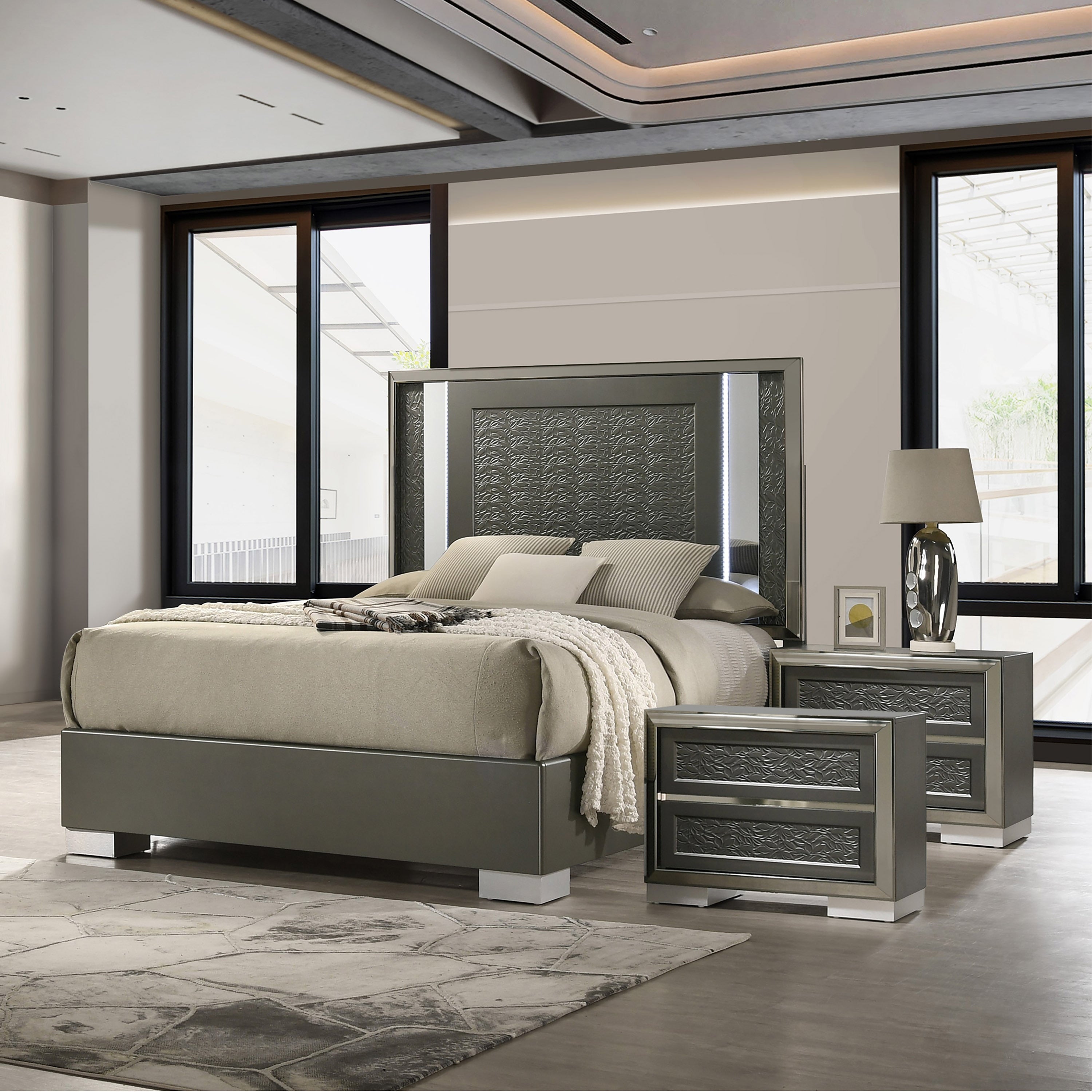 Furniture Of America Iralles Modern 3 Piece Dark Grey Wood Queen Platform Bedroom Set With Led Light