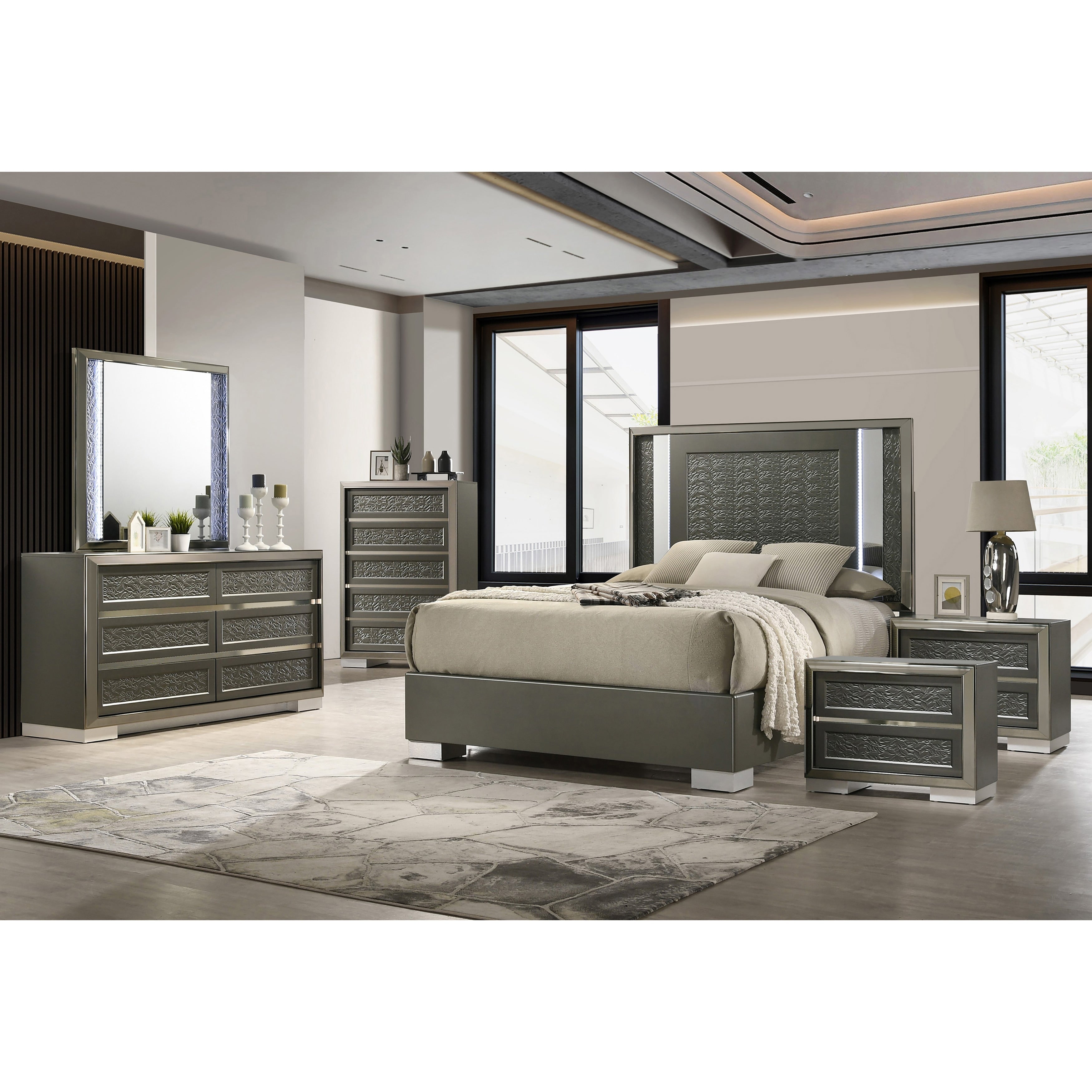 Furniture Of America Iralles Modern 6 Piece Dark Grey Wood King Platform Bedroom Set With Led Light
