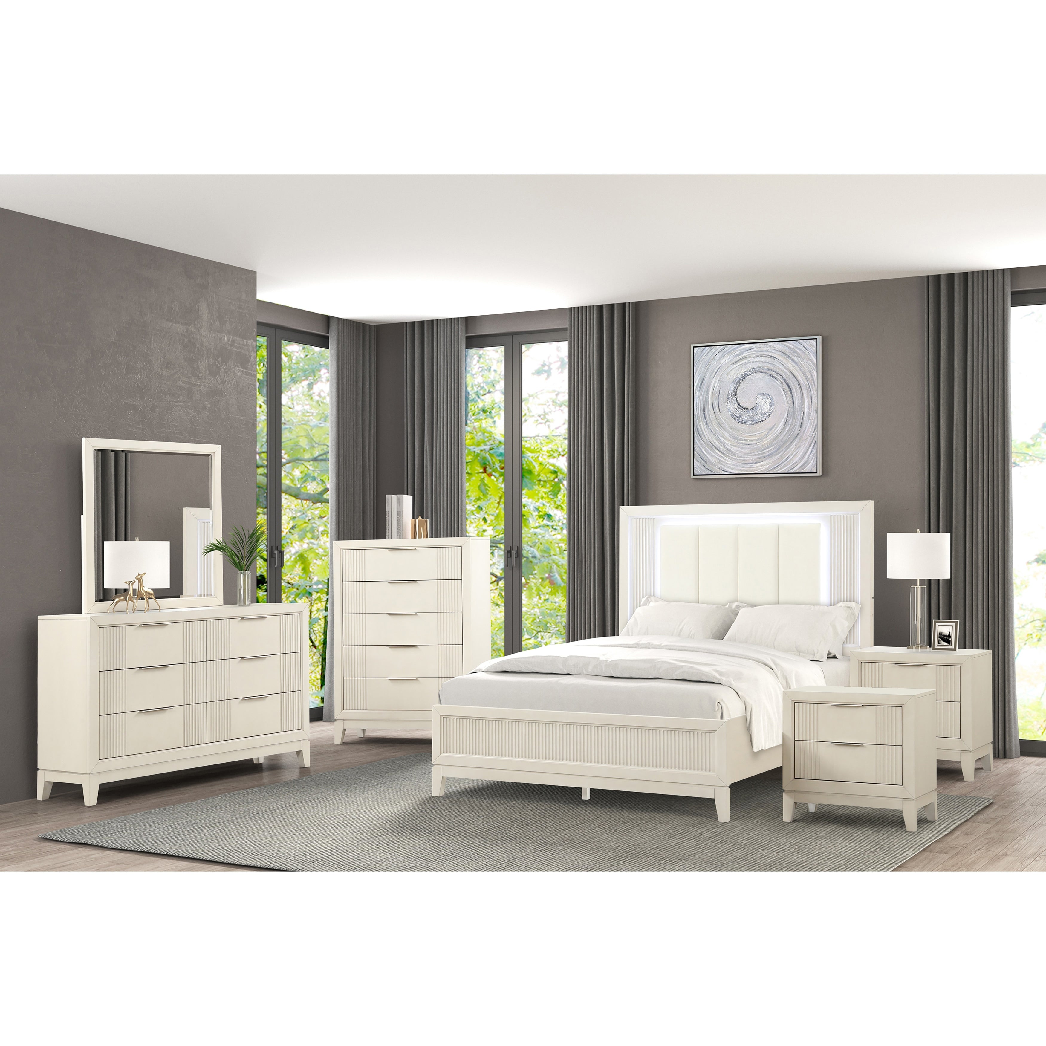 Furniture Of America Irwin 6 Piece Antique White Wood Panel Bedroom Set With Led Headboard