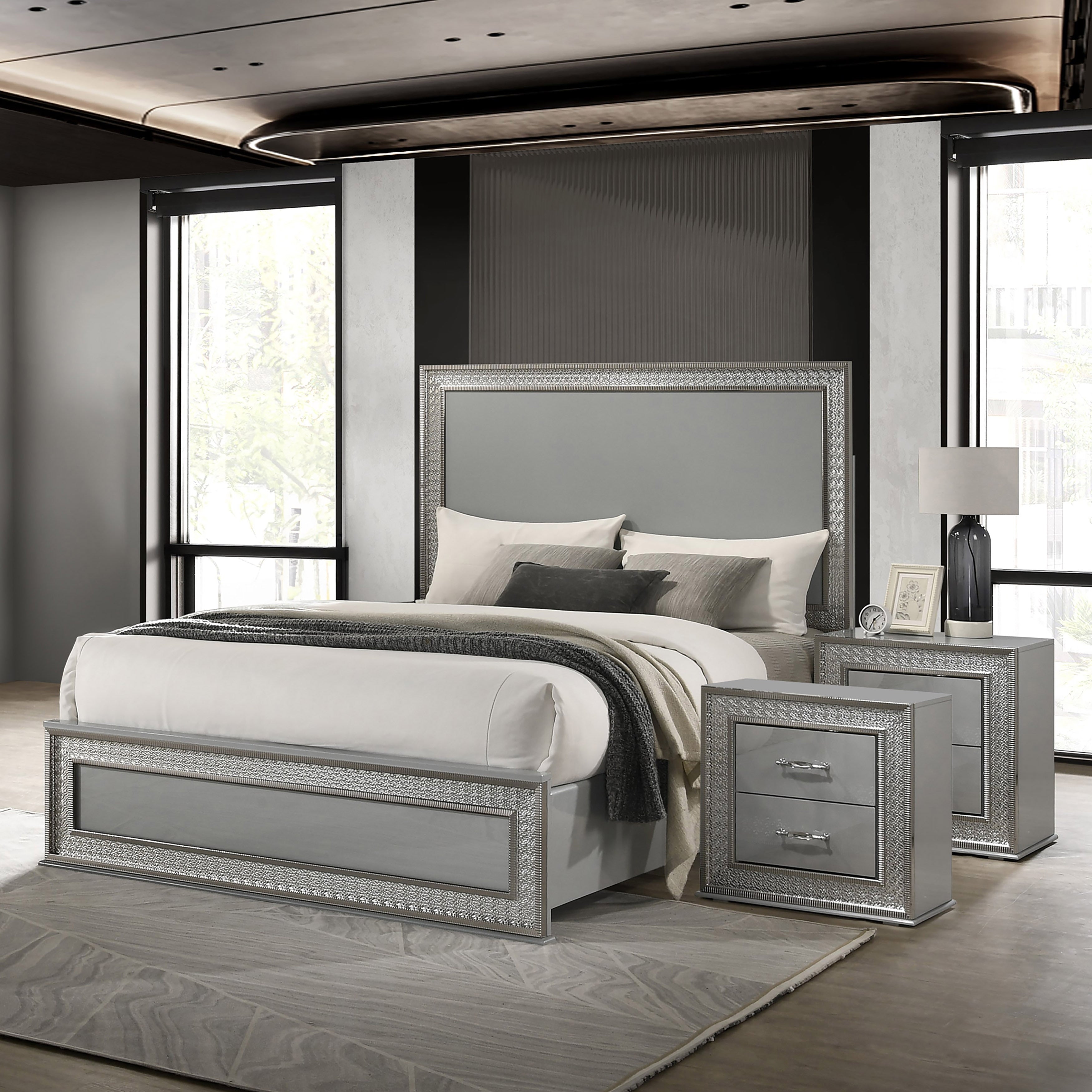 Furniture Of America Isabella Glam 3 Piece Metallic Grey Wood King Platform Bedroom Set