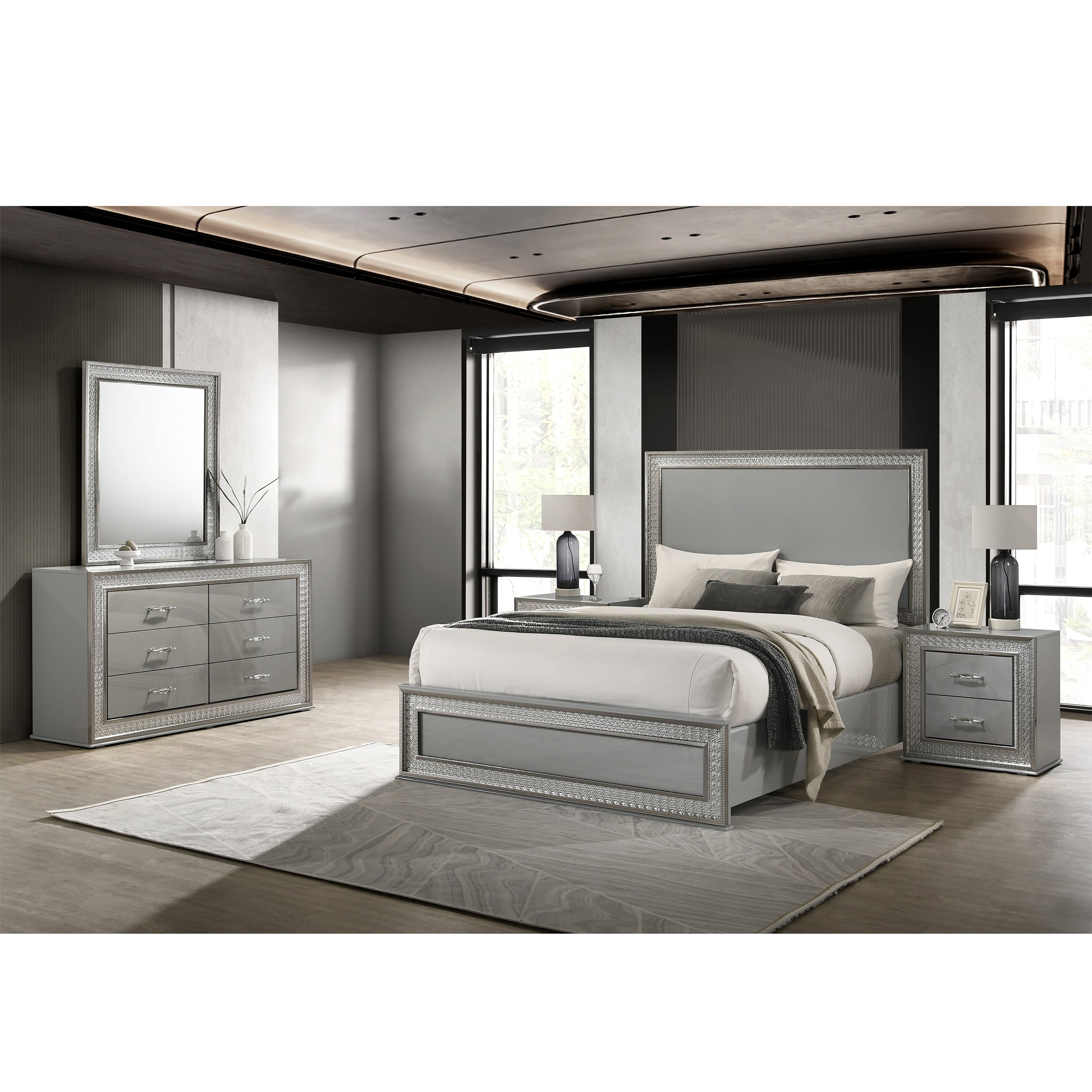 Furniture Of America Isabella Glam 5 Piece Metallic Grey Wood Platform Bedroom Set