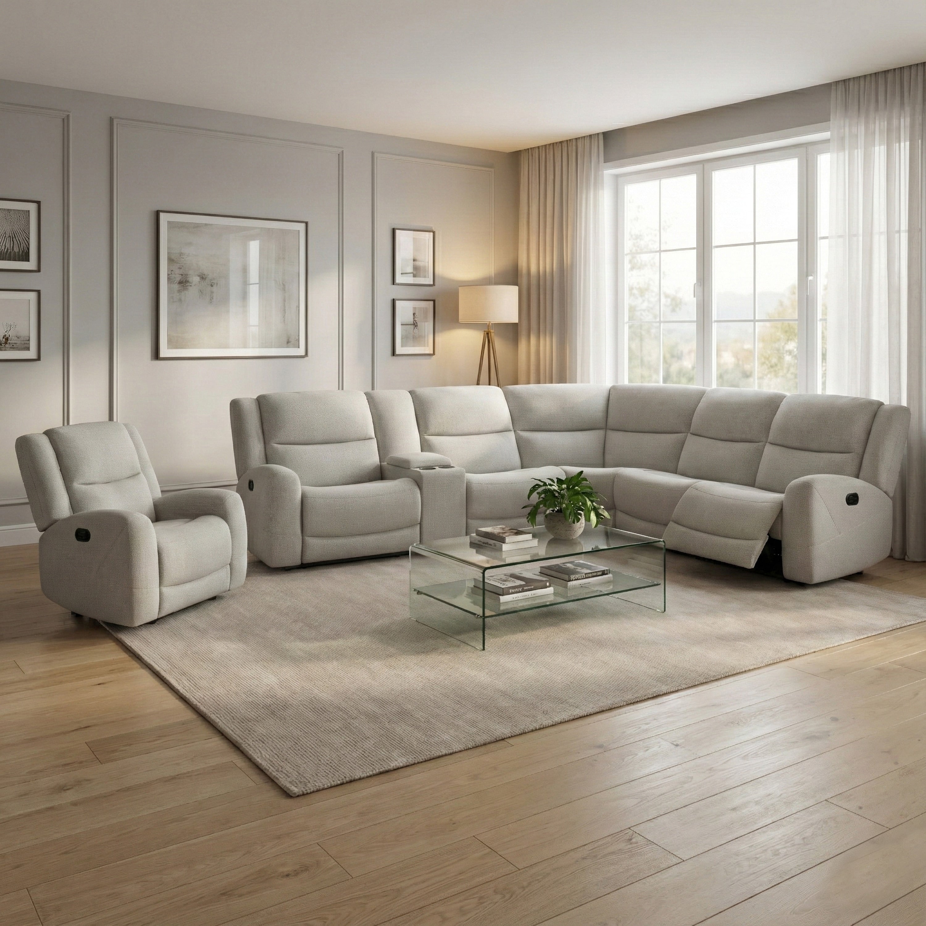 Furniture Of America Jorwyn Modern 2 Piece Beige Fabric Sectional Sofa And Recliner Set