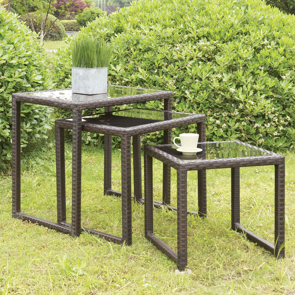 Furniture Of America Kelsey Espresso Wicker Inspired Glass Top Nested Tables Set Of 3