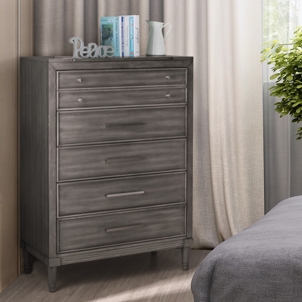Kerilan Transitional Grey 5 Drawer Chest With Jewelry Storage By Foa