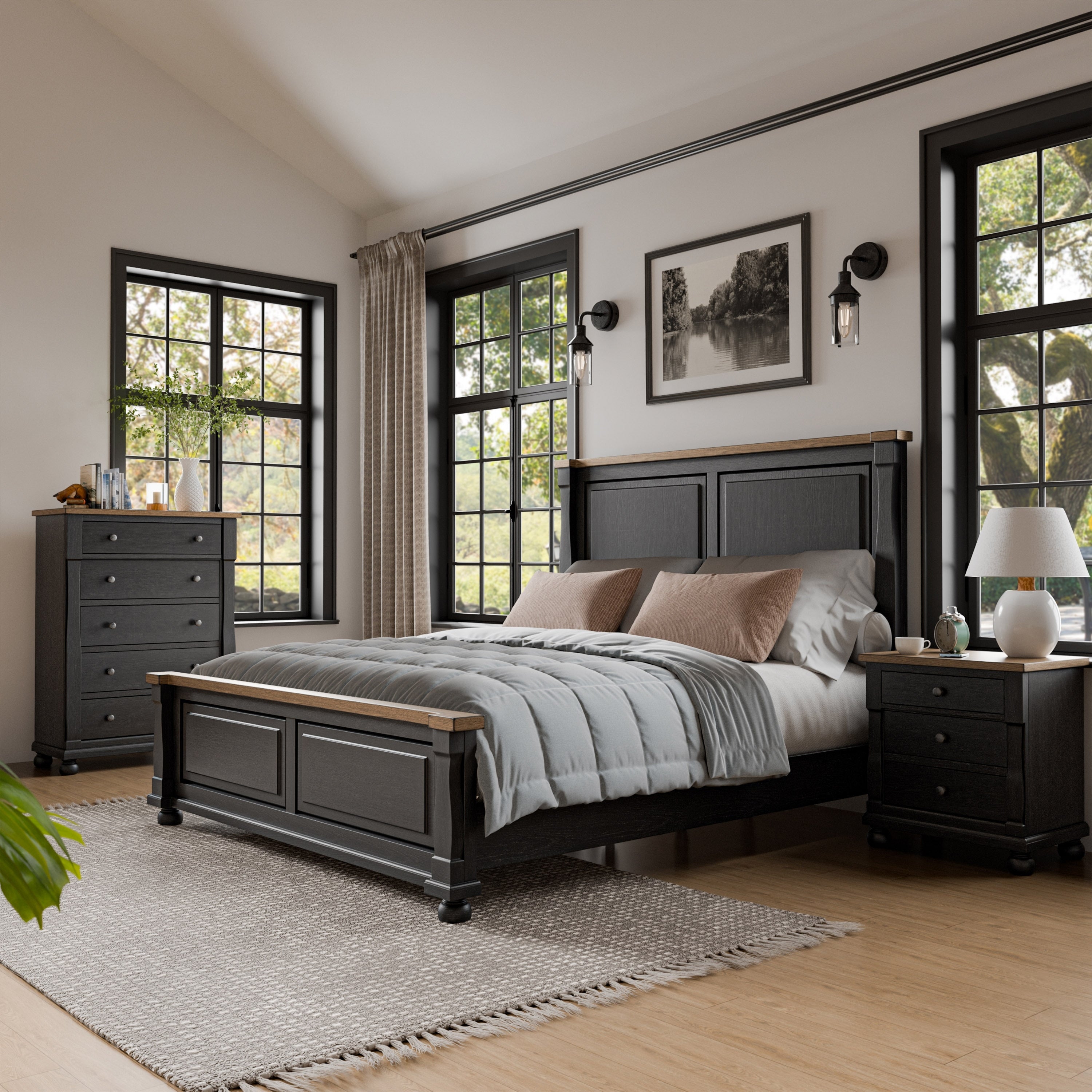 Furniture Of America Lucan Ii Modern 3 Piece Farmhouse Black Solid Wood Queen Panel Bedroom Set