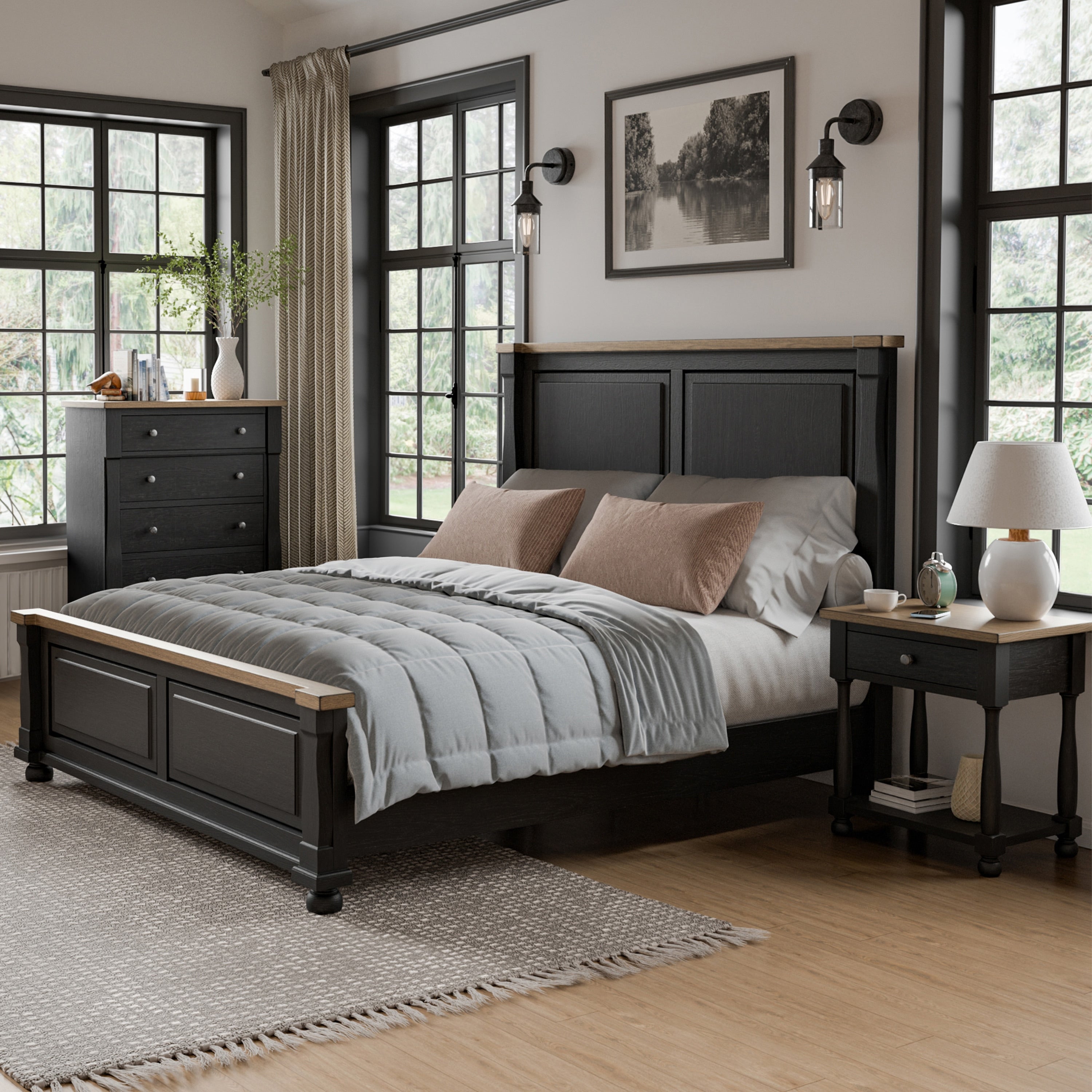 Furniture Of America Lucan Modern 3 Piece Farmhouse Black Solid Wood Panel Bedroom Set
