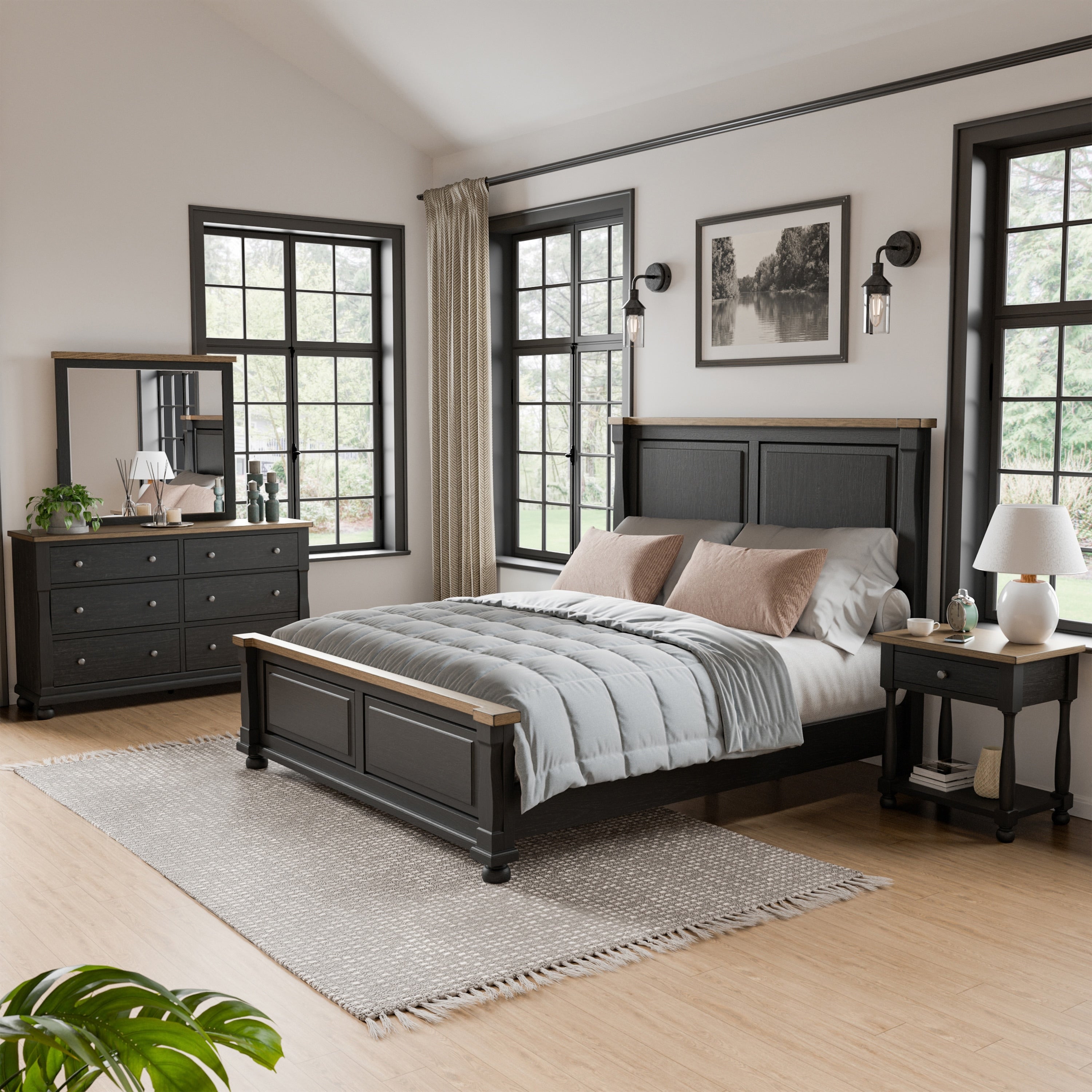 Furniture Of America Lucan Modern 4 Piece Farmhouse Black Solid Wood Panel Bedroom Set