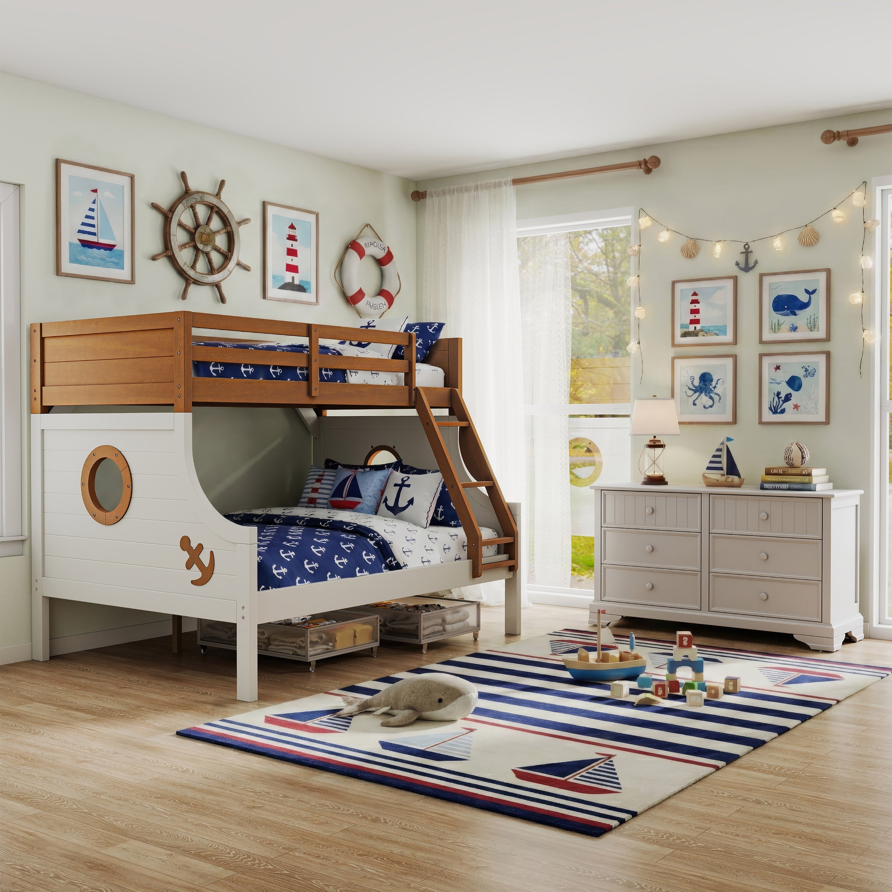 Furniture Of America Luza 2 Piece Solid Wood Twin Over Full Captains Boat Bunk Bed And Dresser Kids Bedroom Set
