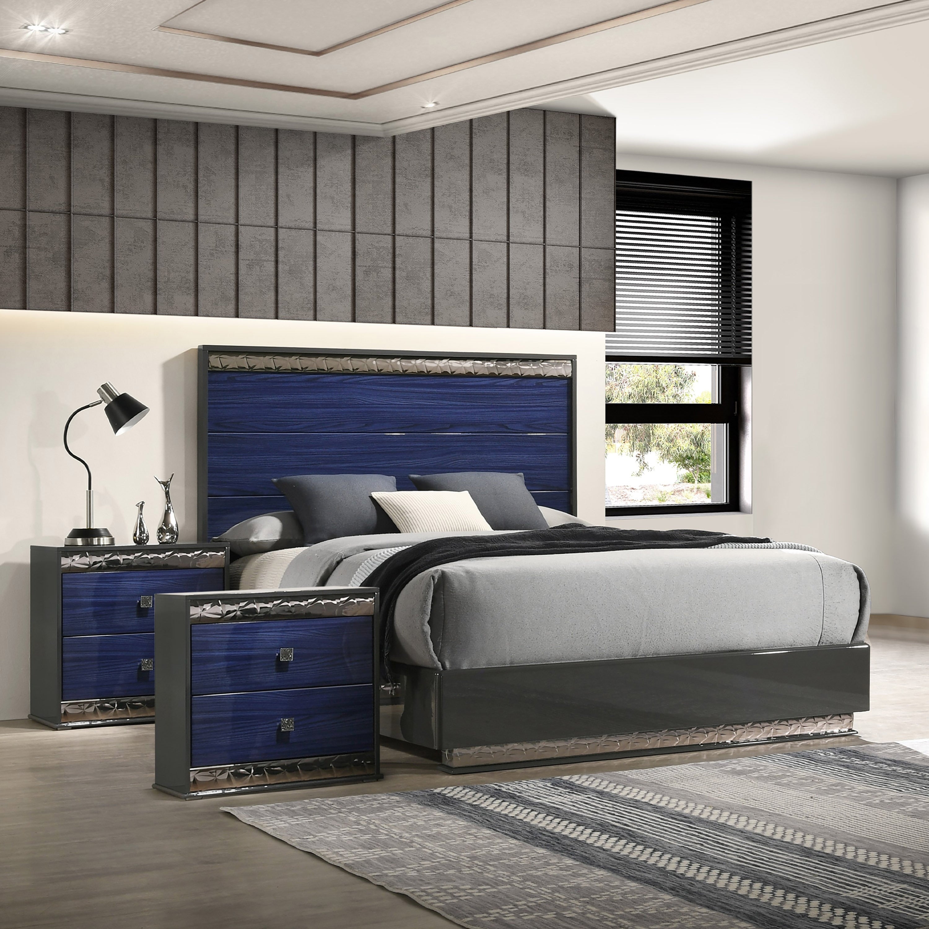 Furniture Of America Luzen Glam 3 Piece Ash Grey And Indigo Blue Wood Queen Platform Bedroom Set