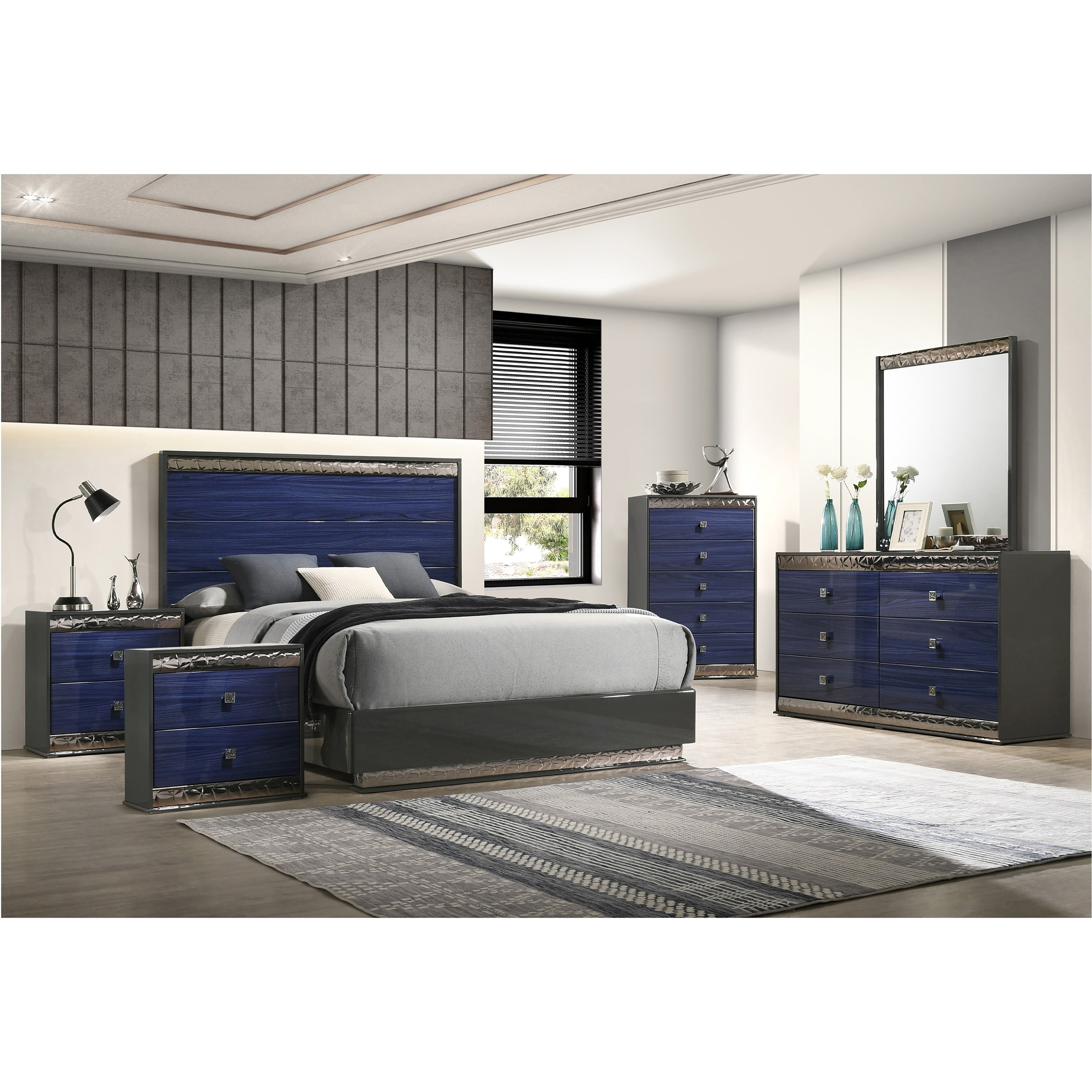 Furniture Of America Luzen Glam 6 Piece Indigo Blue Wood King Platform Bedroom Set