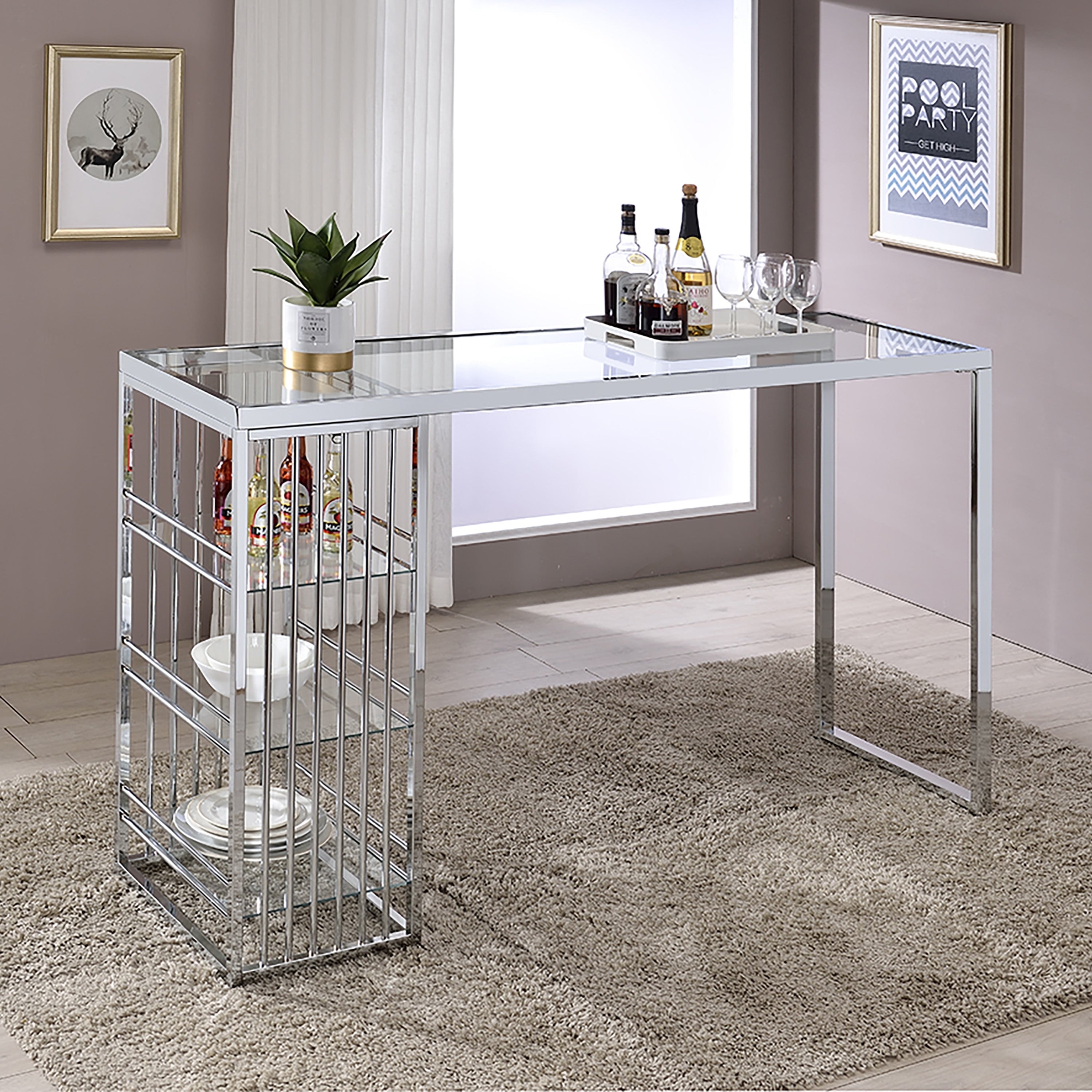 Furniture Of America Marburry Contemporary Chrome Glass Top Bar Table