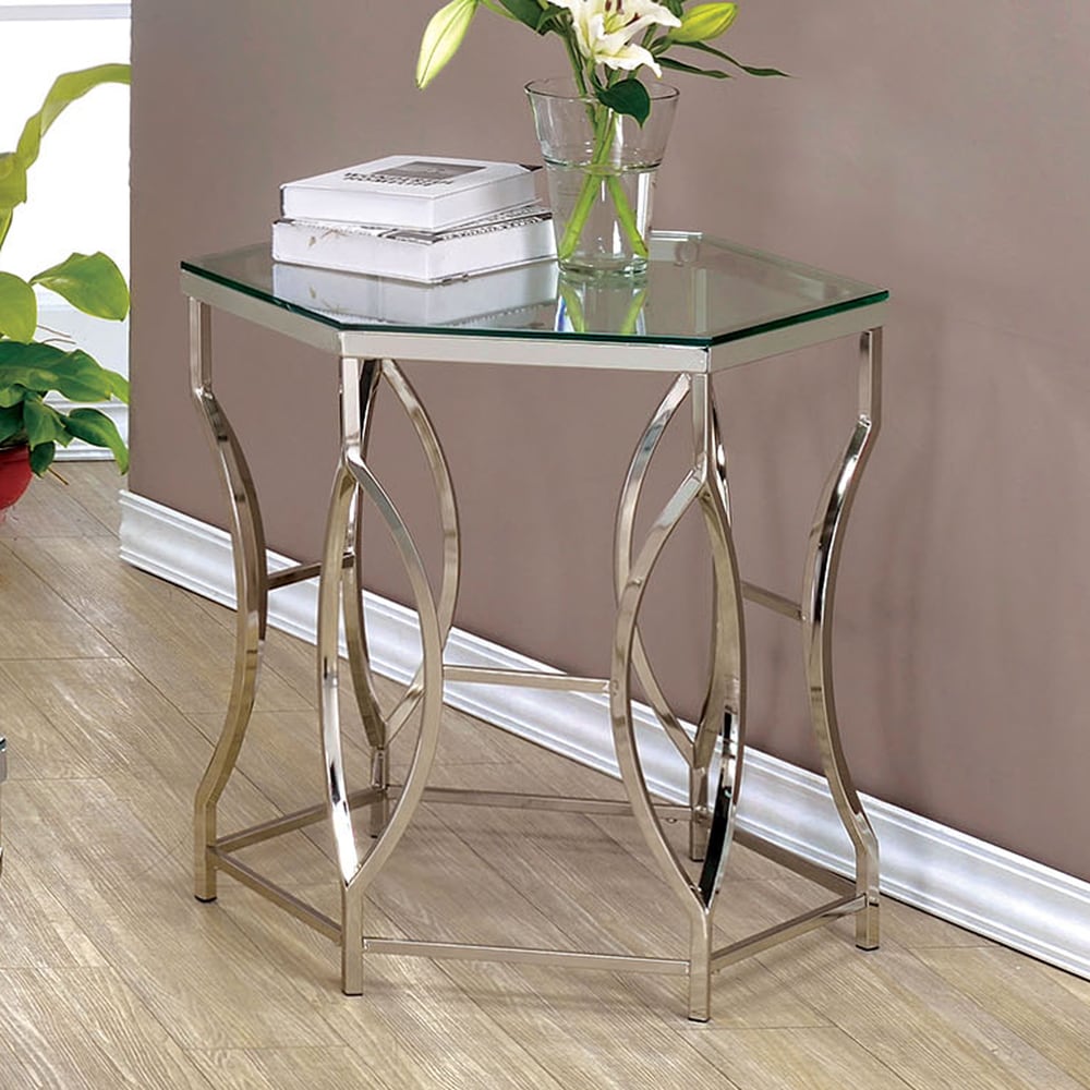Furniture Of America Martello Contemporary Chrome Glass Top Hexagon End Table