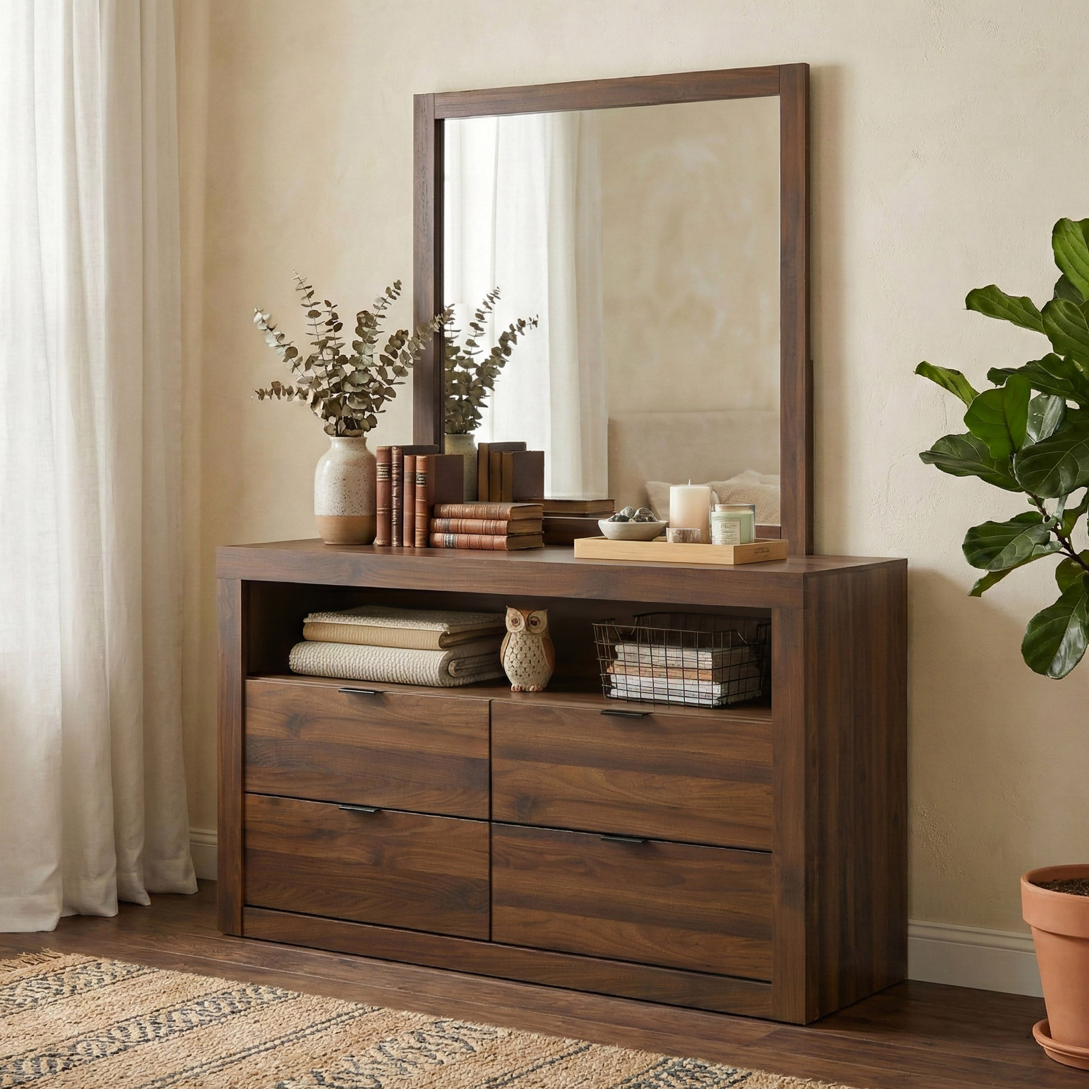 Furniture Of America Merro Modern 2 Piece Solid Wood Dresser And Mirror Set With Top Open Shelf