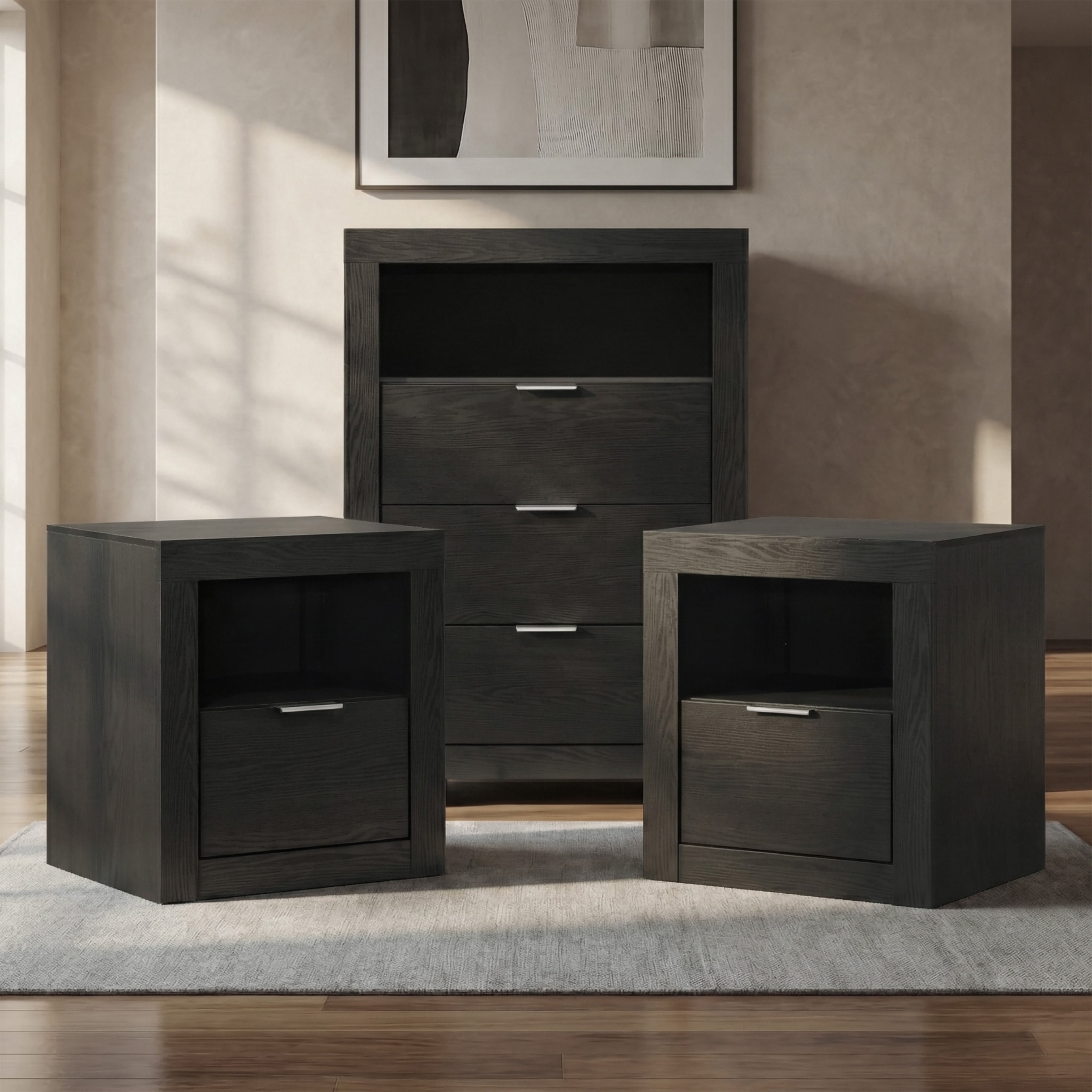 Furniture Of America Merro Modern 3 Piece Solid Wood Chest And 2 Nightstand Bedroom Set