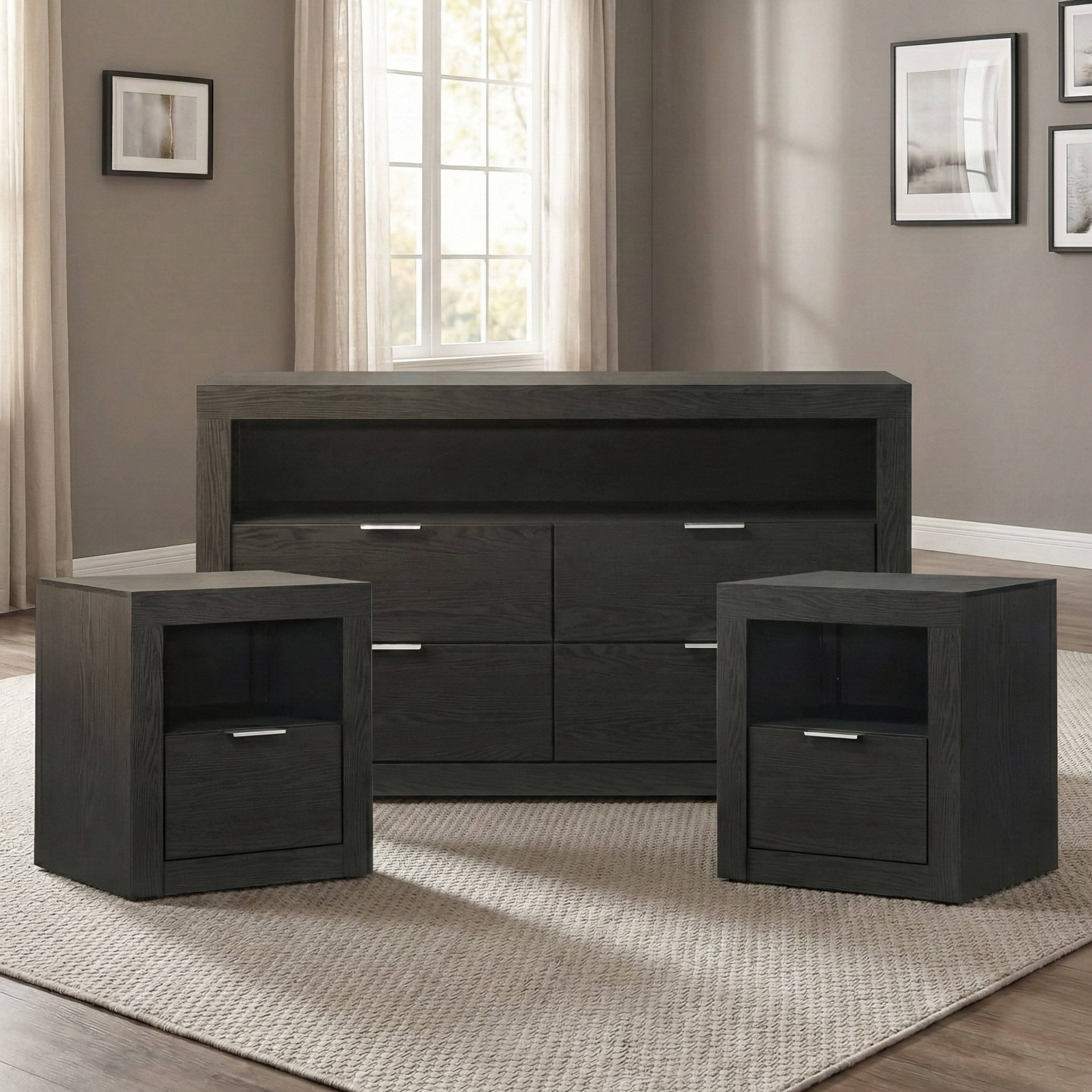 Furniture Of America Merro Modern 3 Piece Solid Wood Dresser And 2 Nightstand Bedroom Set