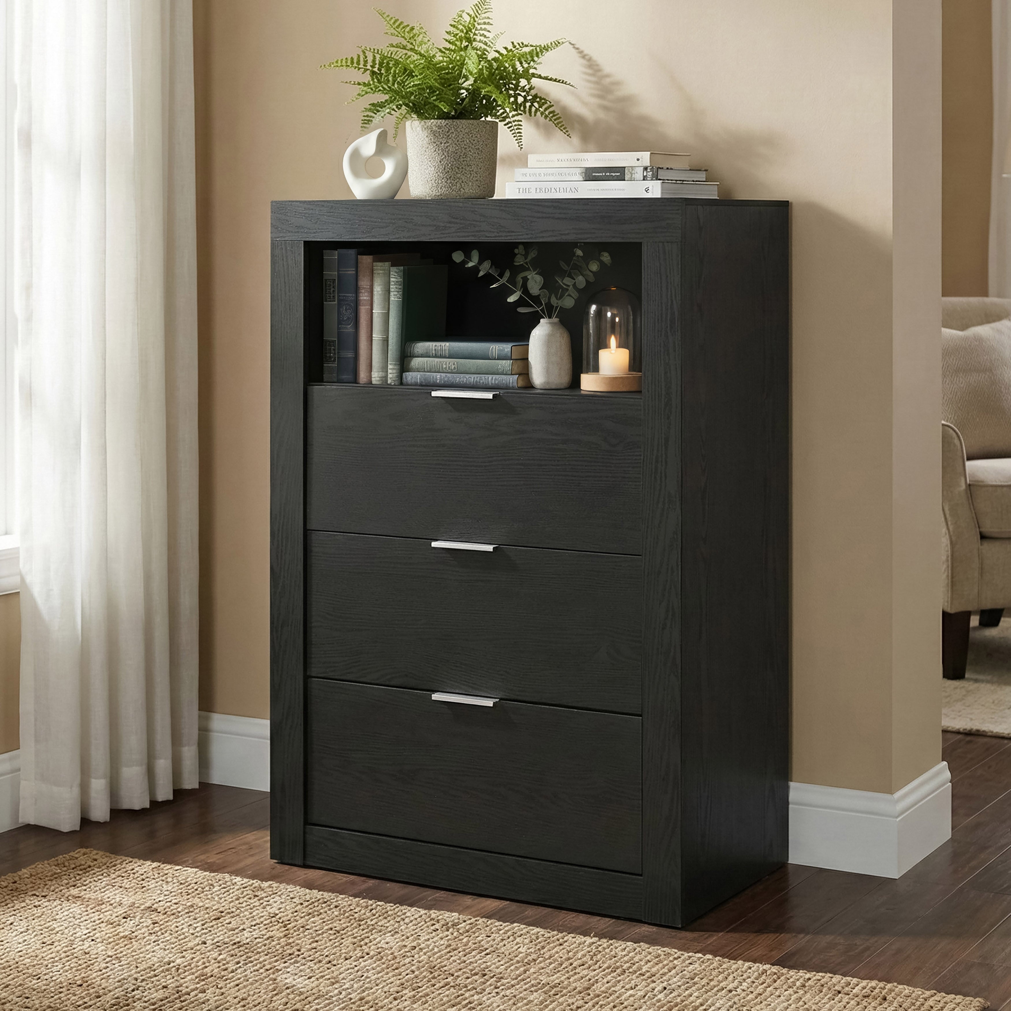 Furniture Of America Merro Modern Solid Wood 3 Drawer Chest With Top Open Shelf