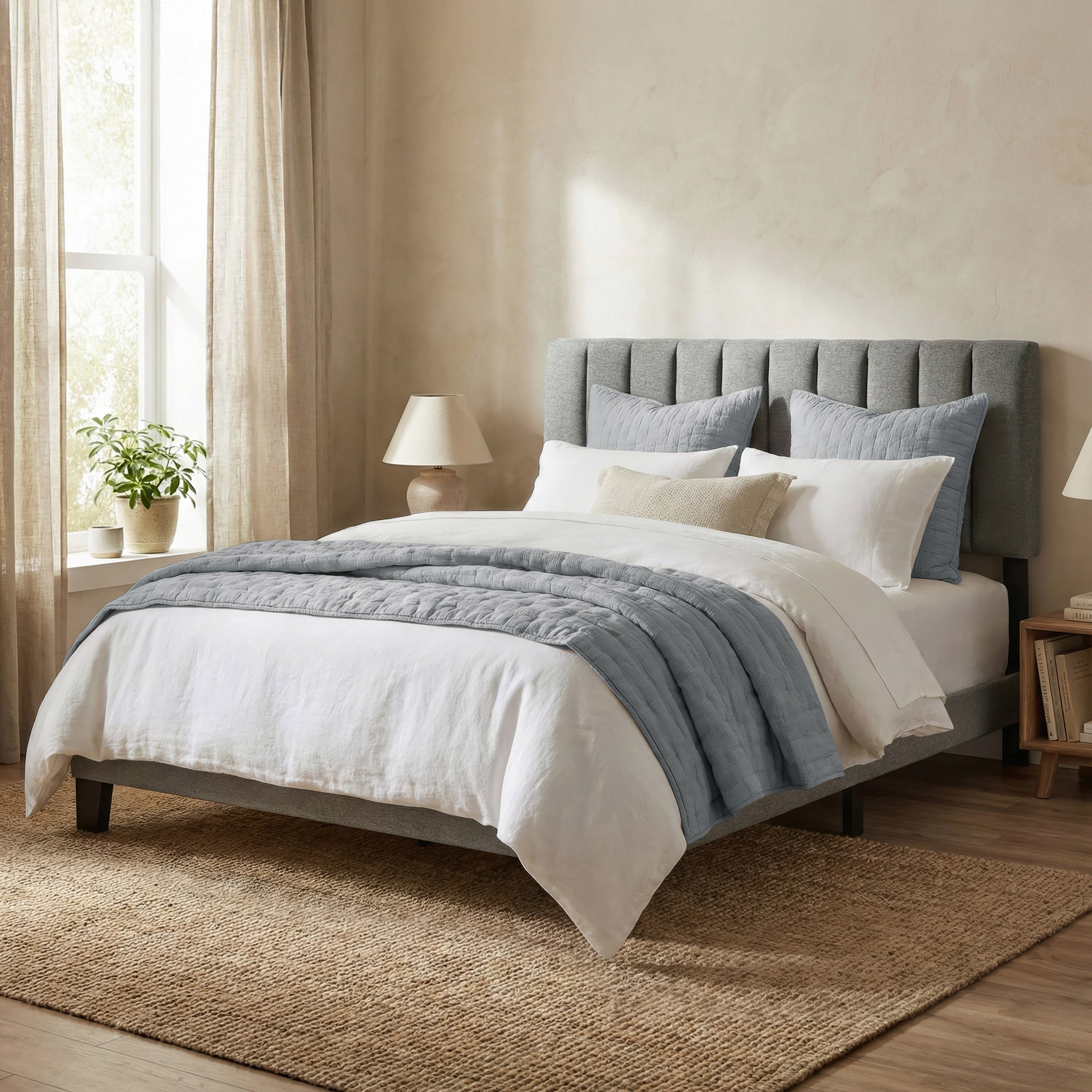 Furniture Of America Merro Modern Solid Wood Upholstered Panel Bed With Channeled Headboard