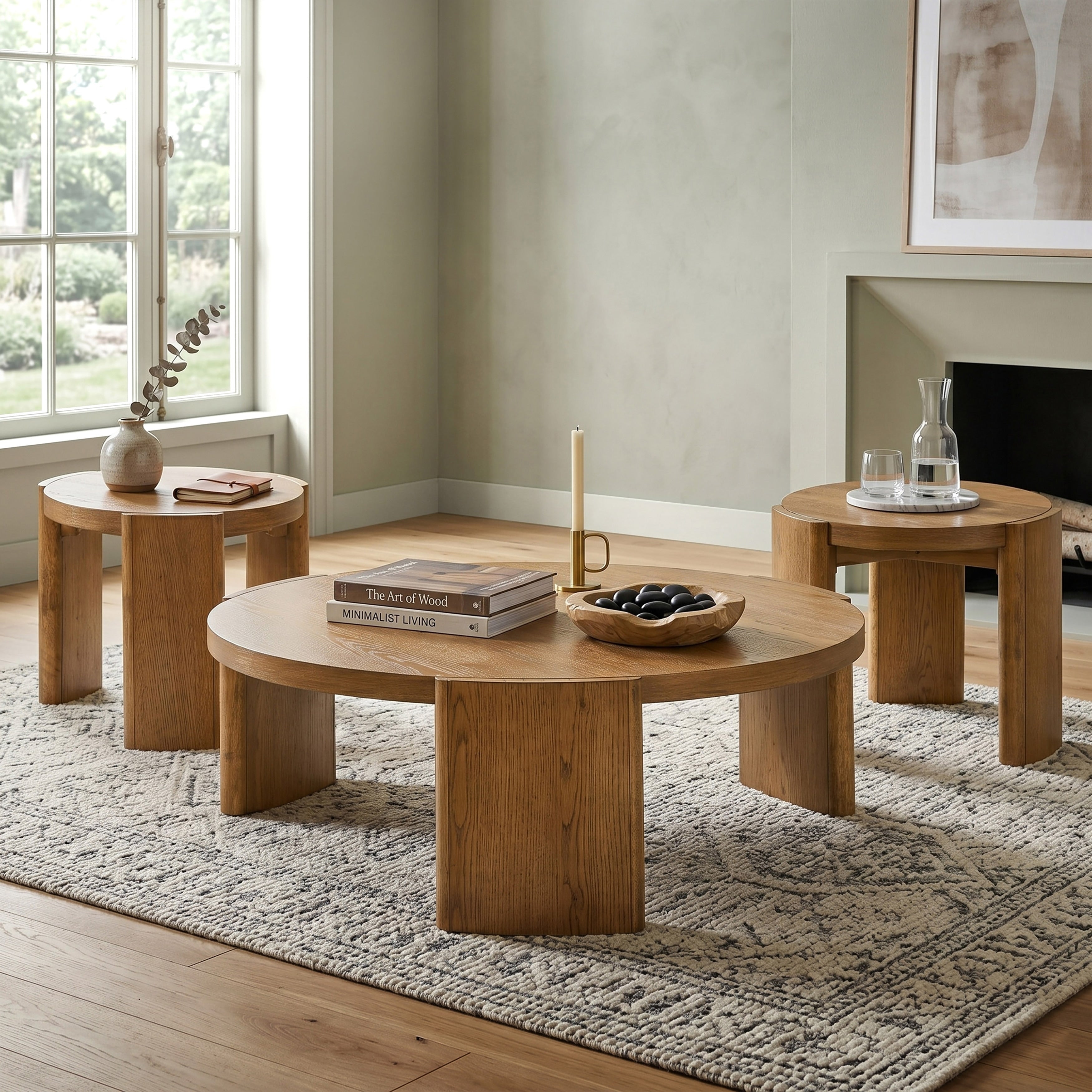 Furniture Of America Minst Modern 3 Piece Walnut Solid Wood Round Coffee Table Set With 2 End Tables