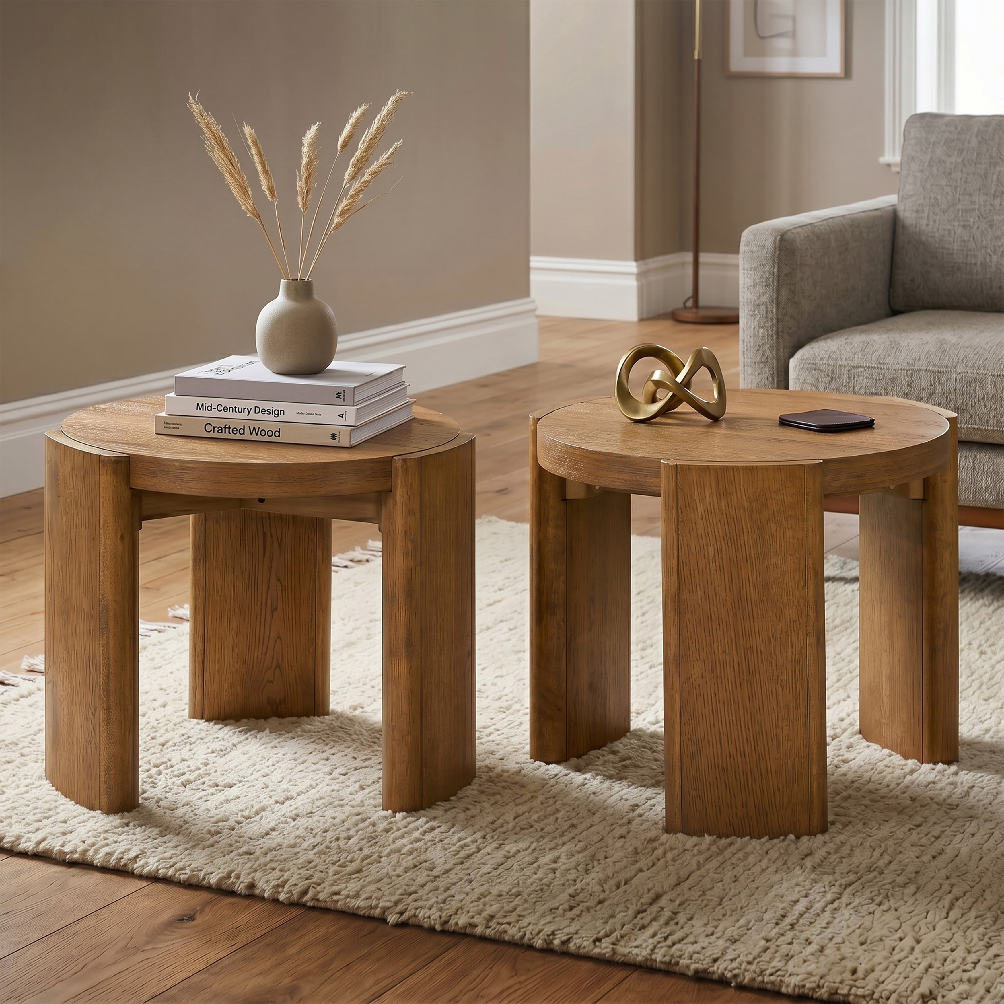 Furniture Of America Minst Modern Walnut Solid Wood Round End Table Set Of 2