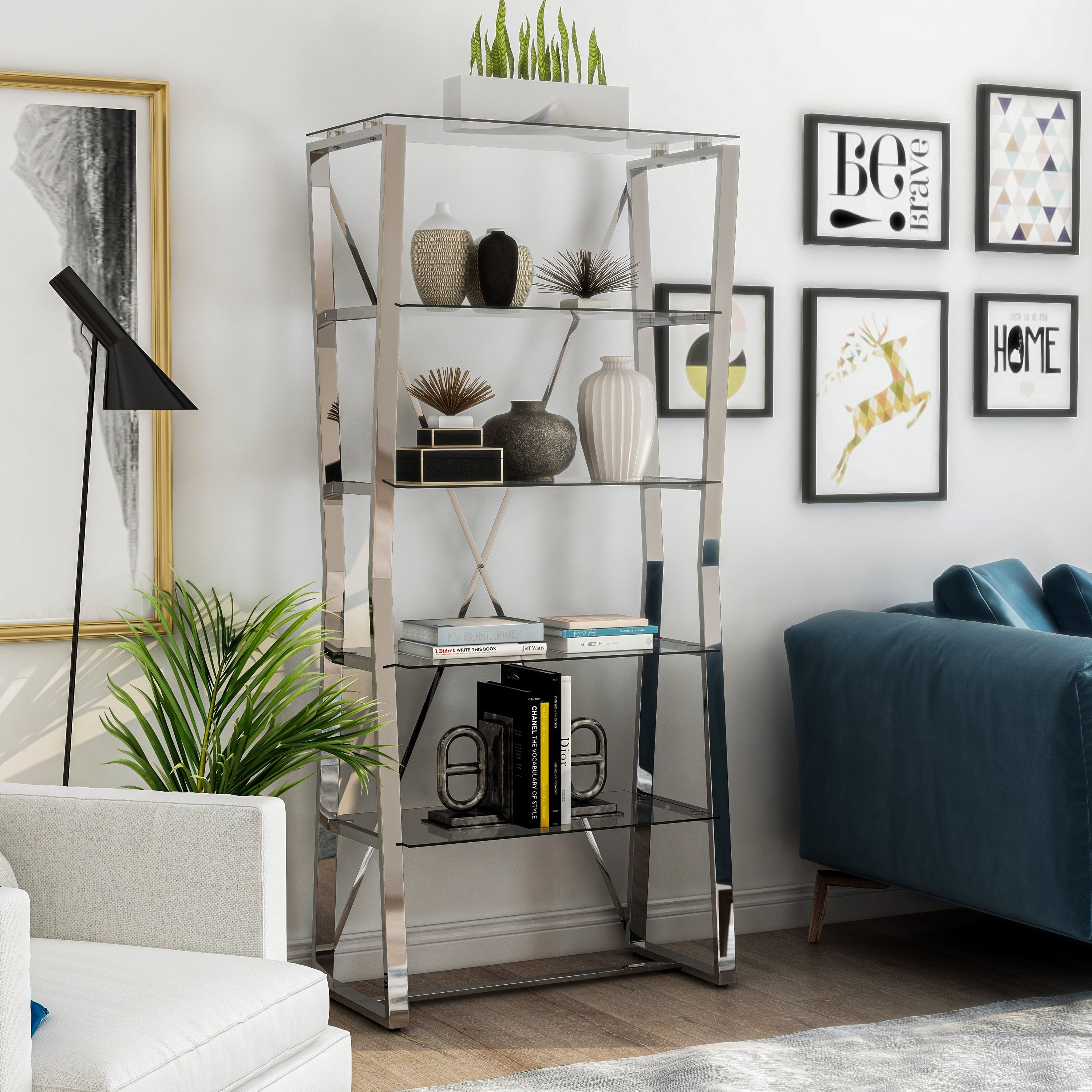 Furniture Of America Morfell Contemporary Chrome Glass Shelf Bookcase