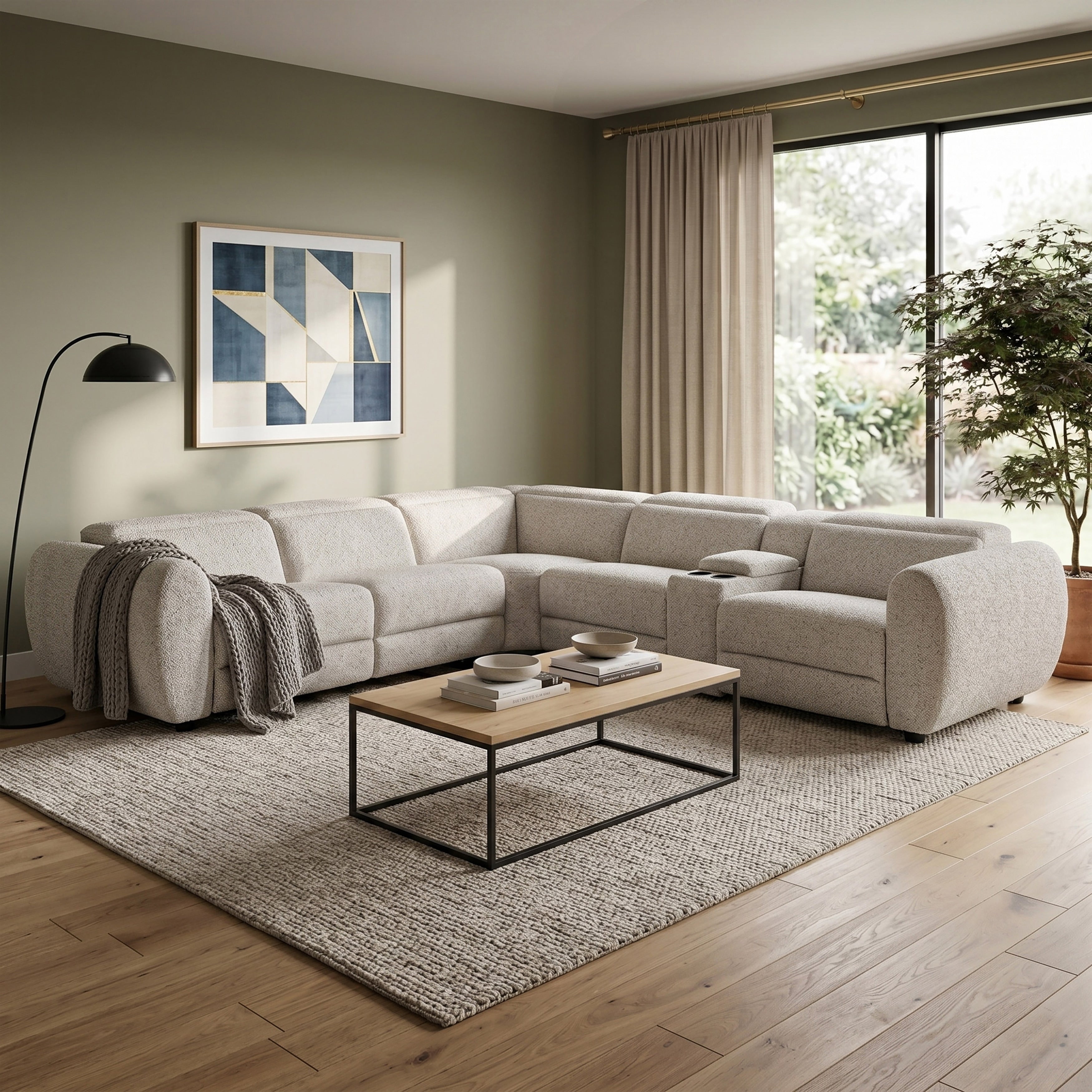 Furniture Of America Nyxo Modern Taupe Fabric Power Sectional With Cup Holders Usb Port And Storage Console
