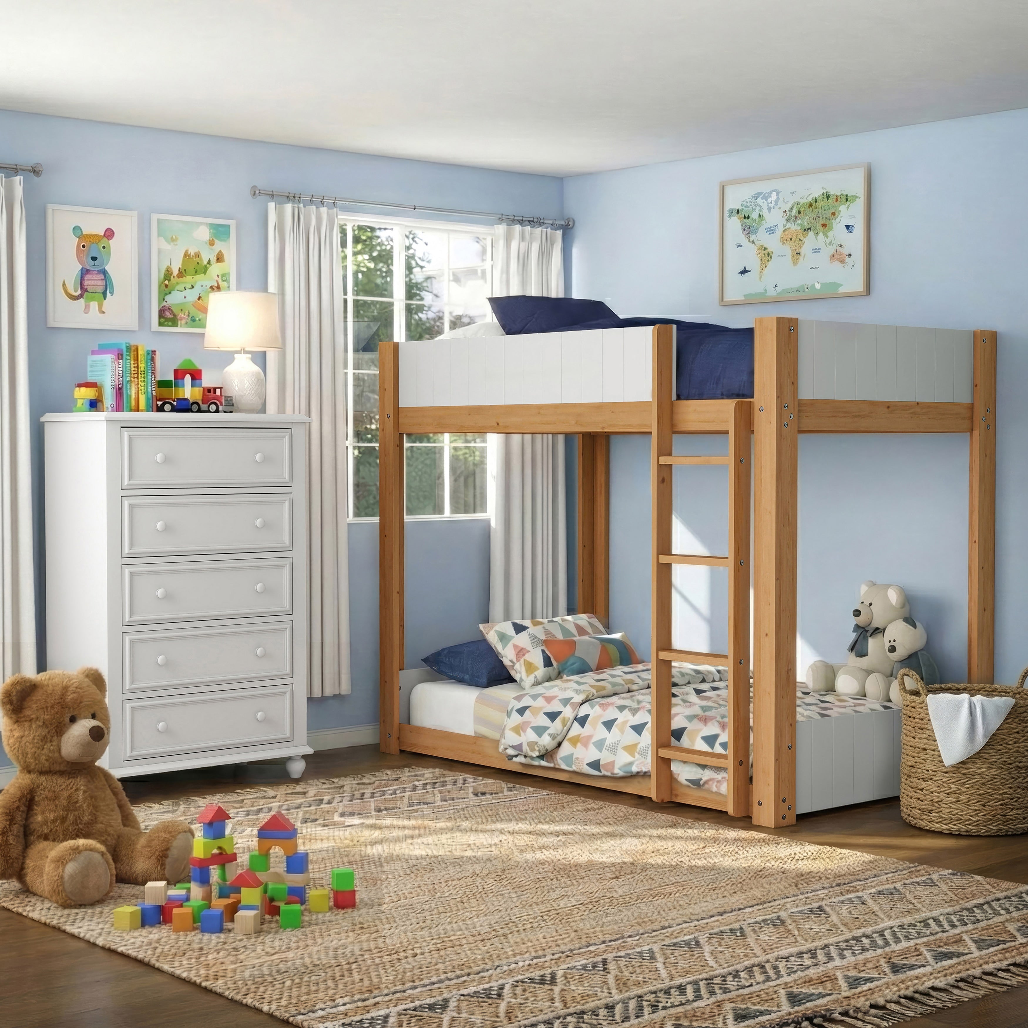 Furniture Of America Oryas 2 Piece White And Natural Solid Wood Twin Over Twin Bunk Bed And Chest Kids Bedroom Set