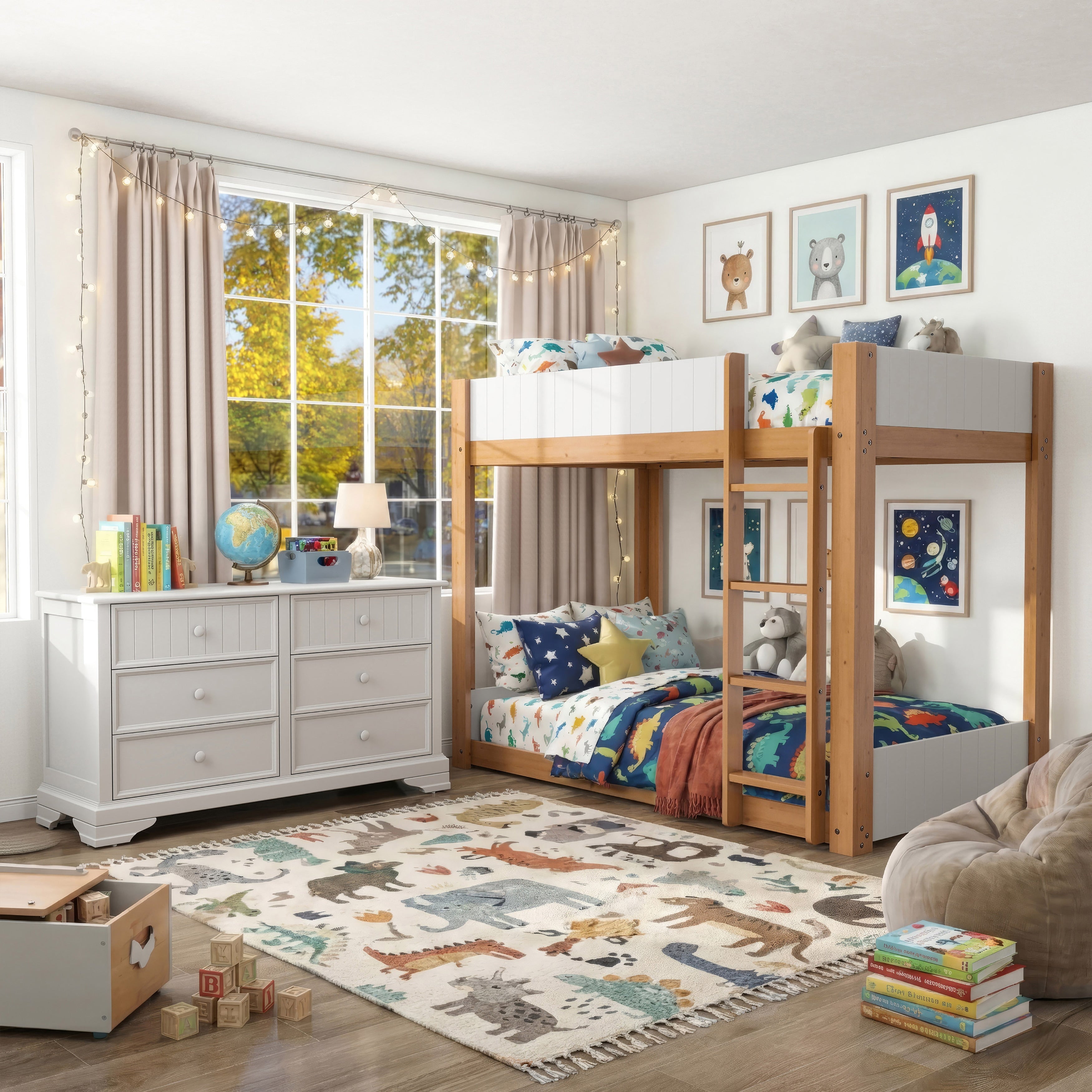 Furniture Of America Oryas 2 Piece White And Natural Solid Wood Twin Over Twin Bunk Bed And Dresser Kids Bedroom Set