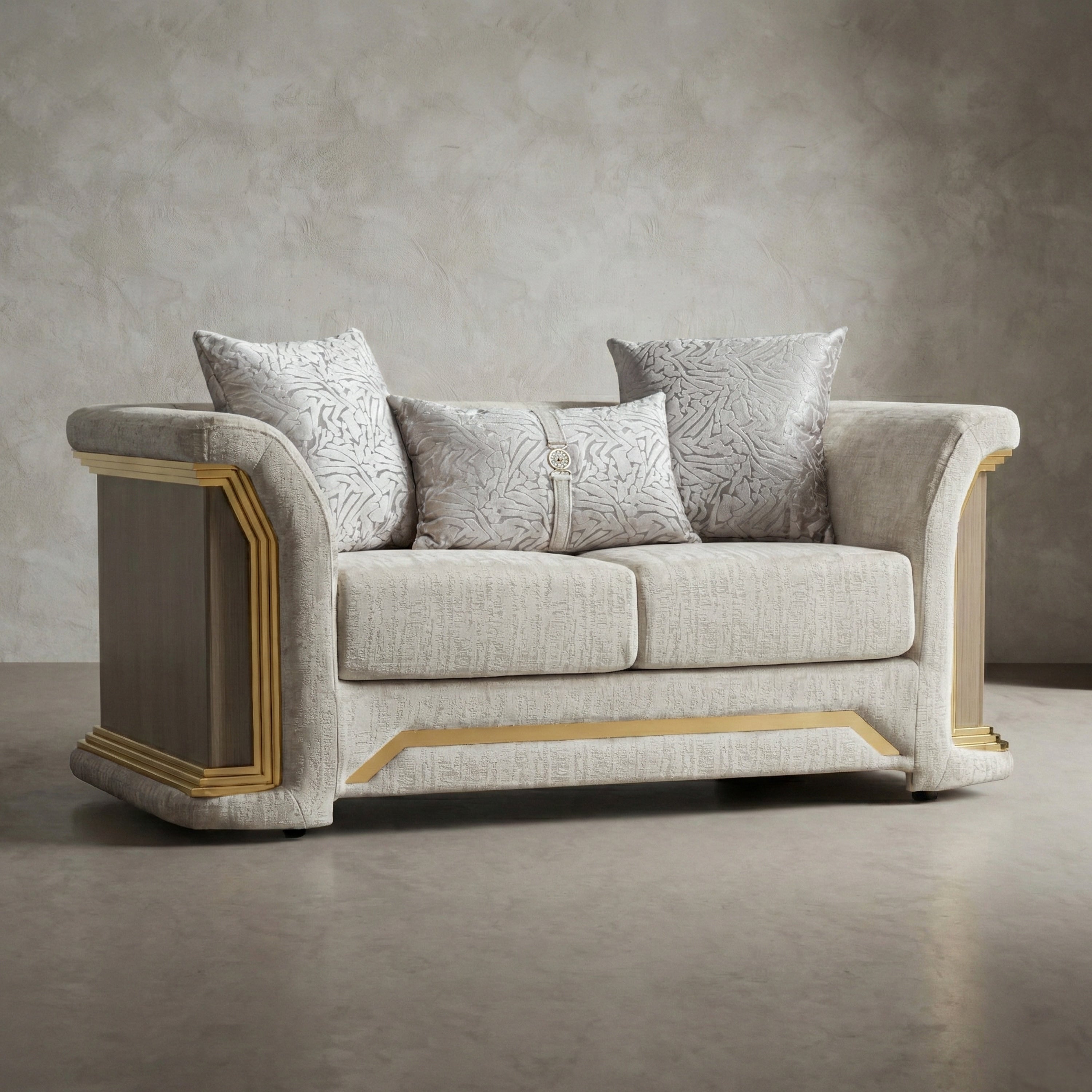 Furniture Of America Ospray V Glam Upholstered Metallic Taupe Loveseat With Accent Pillows