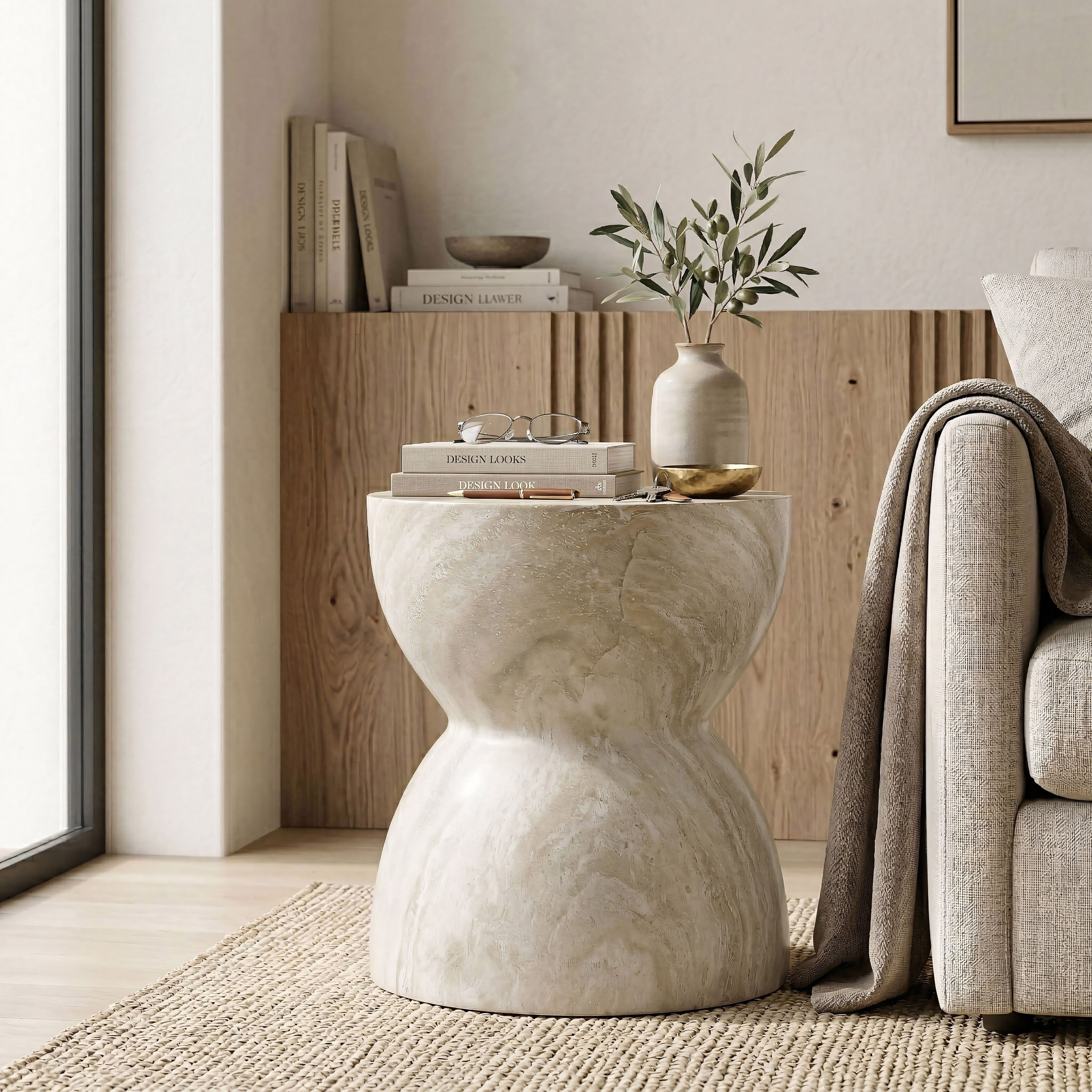 Furniture Of America Pebba Modern Light Beige Ceramic Indoor Outdoor Round Side Table With Marble Look
