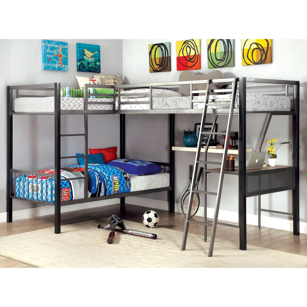 Furniture Of America Pewtern Contemporary L Shaped Twin Grey Silver Bunk Bed With Workstation