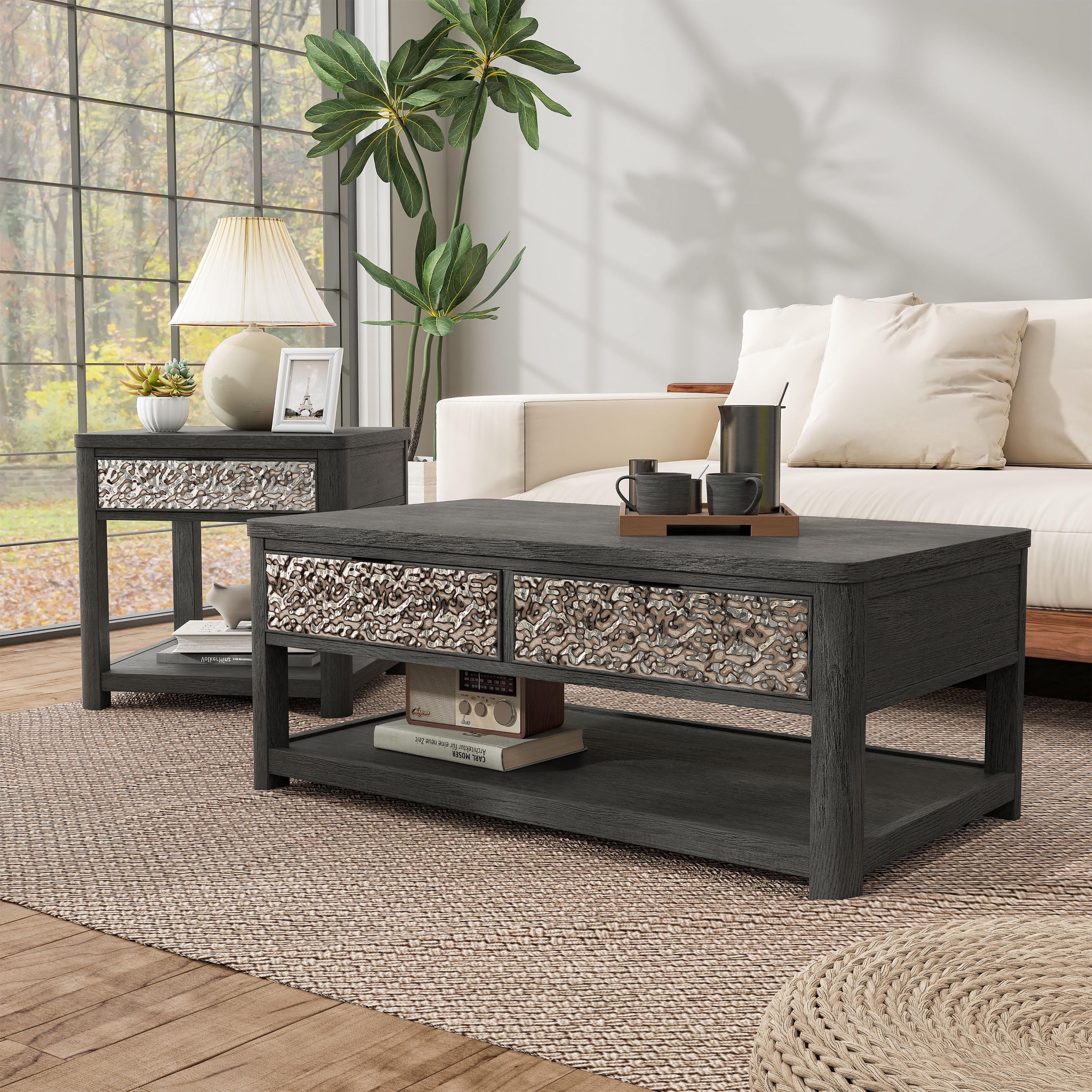 Furniture Of America Piez Modern 2 Piece Ash Grey Wood 1 Open Shelf Coffee Table Set With Drawers And Casters