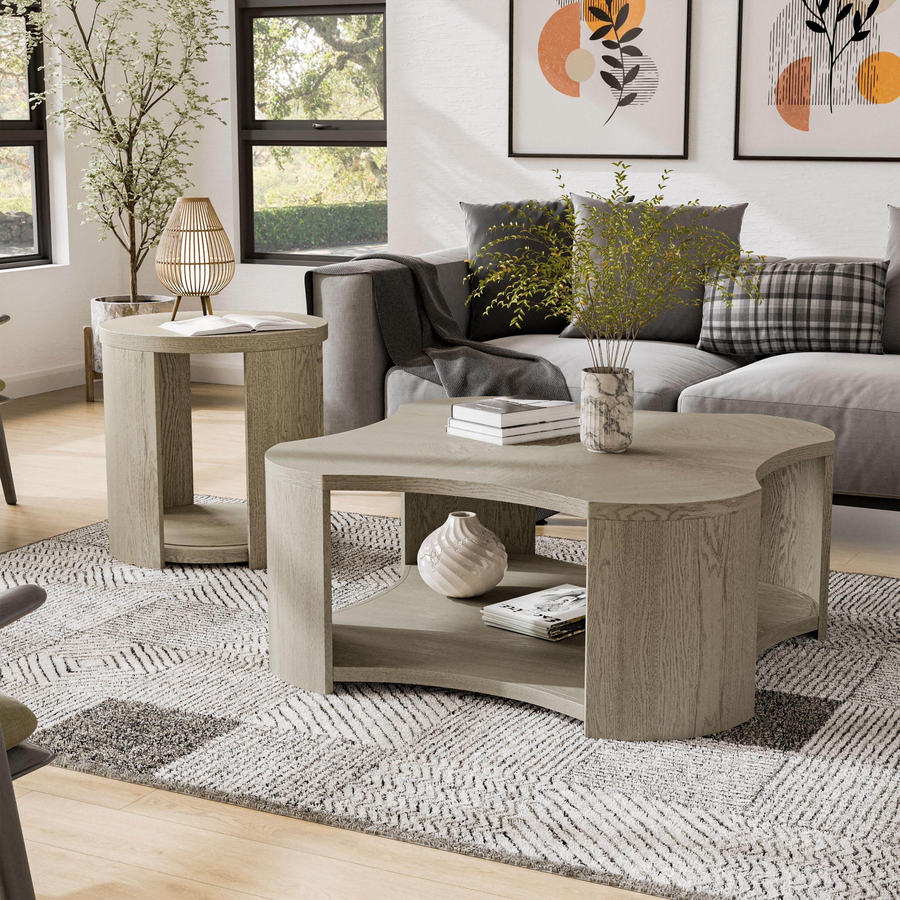 Furniture Of America Piez Modern 2 Piece Oak Wood Coffee Table Set With Open Shelf And Casters