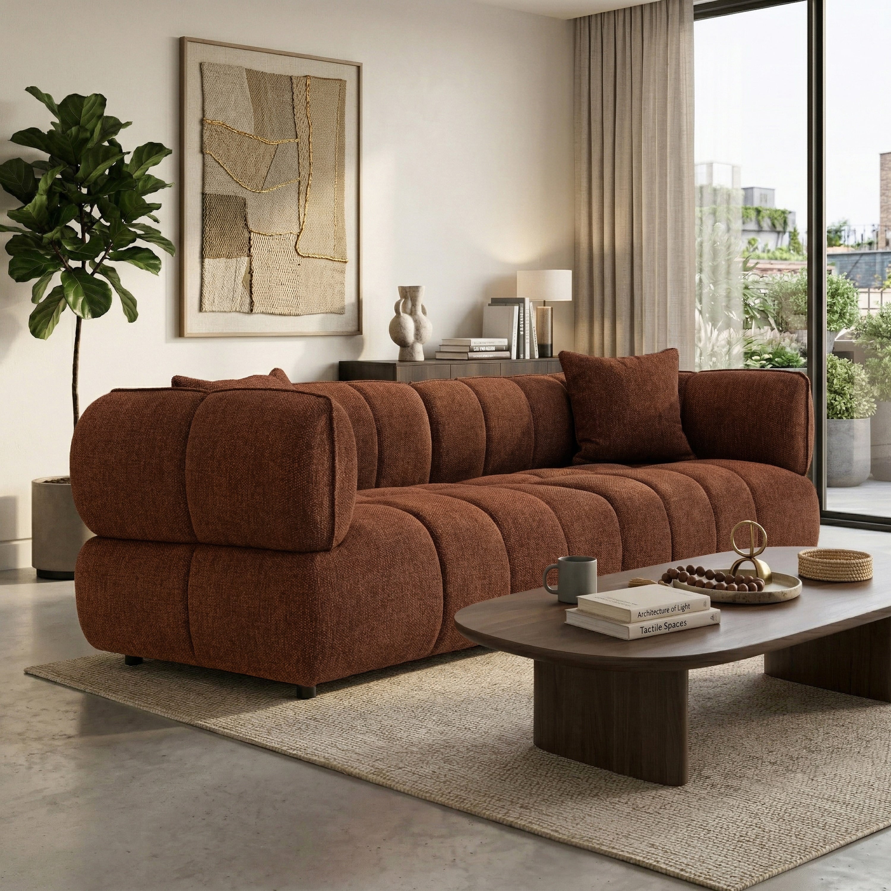 Furniture Of America Premier Modern 97 Inch Rustic Amber Premium Upholstered Biscuit Tufted Sofa