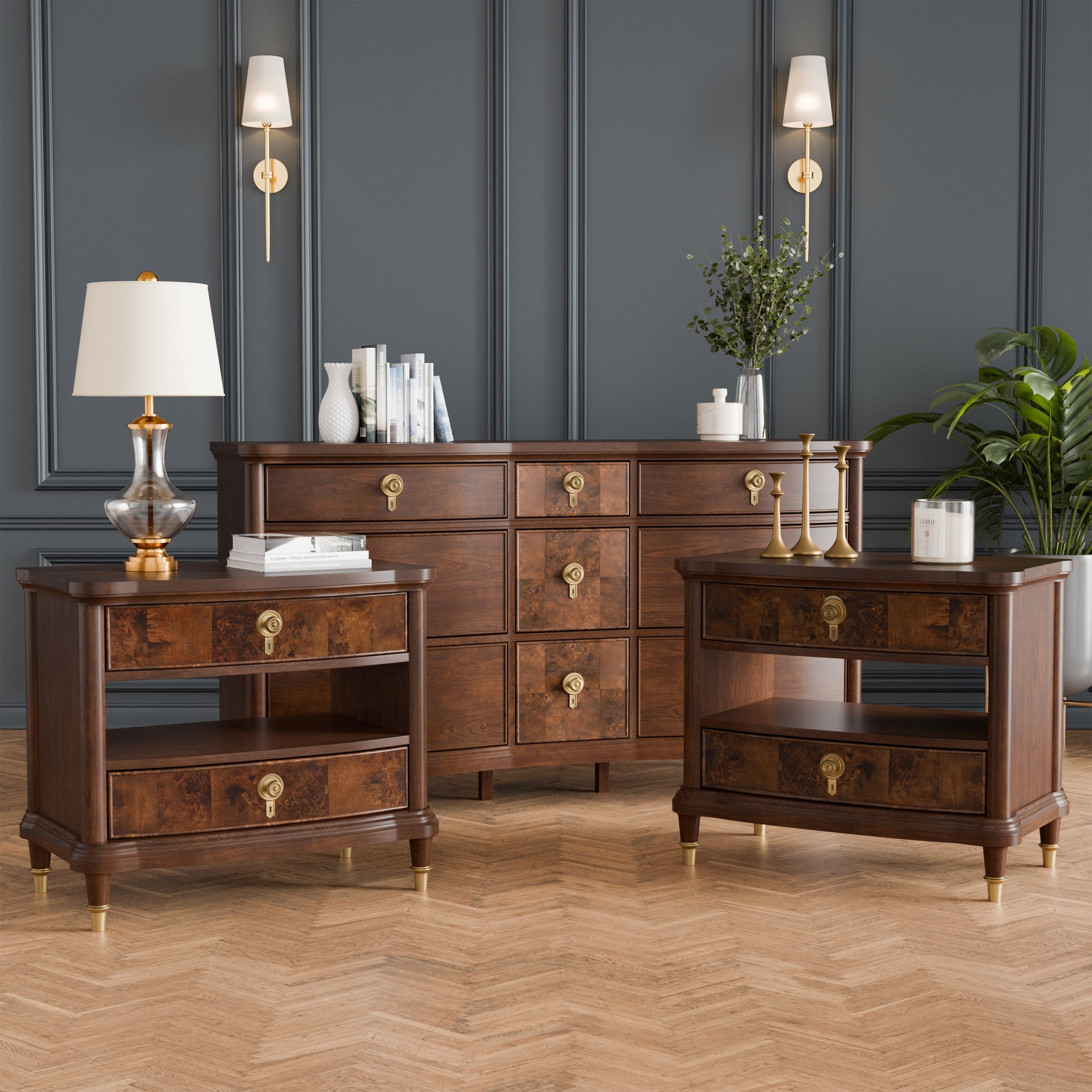 Furniture Of America Prylen Modern 3 Piece Dark Cherry Solid Wood Dresser And 2 Nightstand Bedroom Set