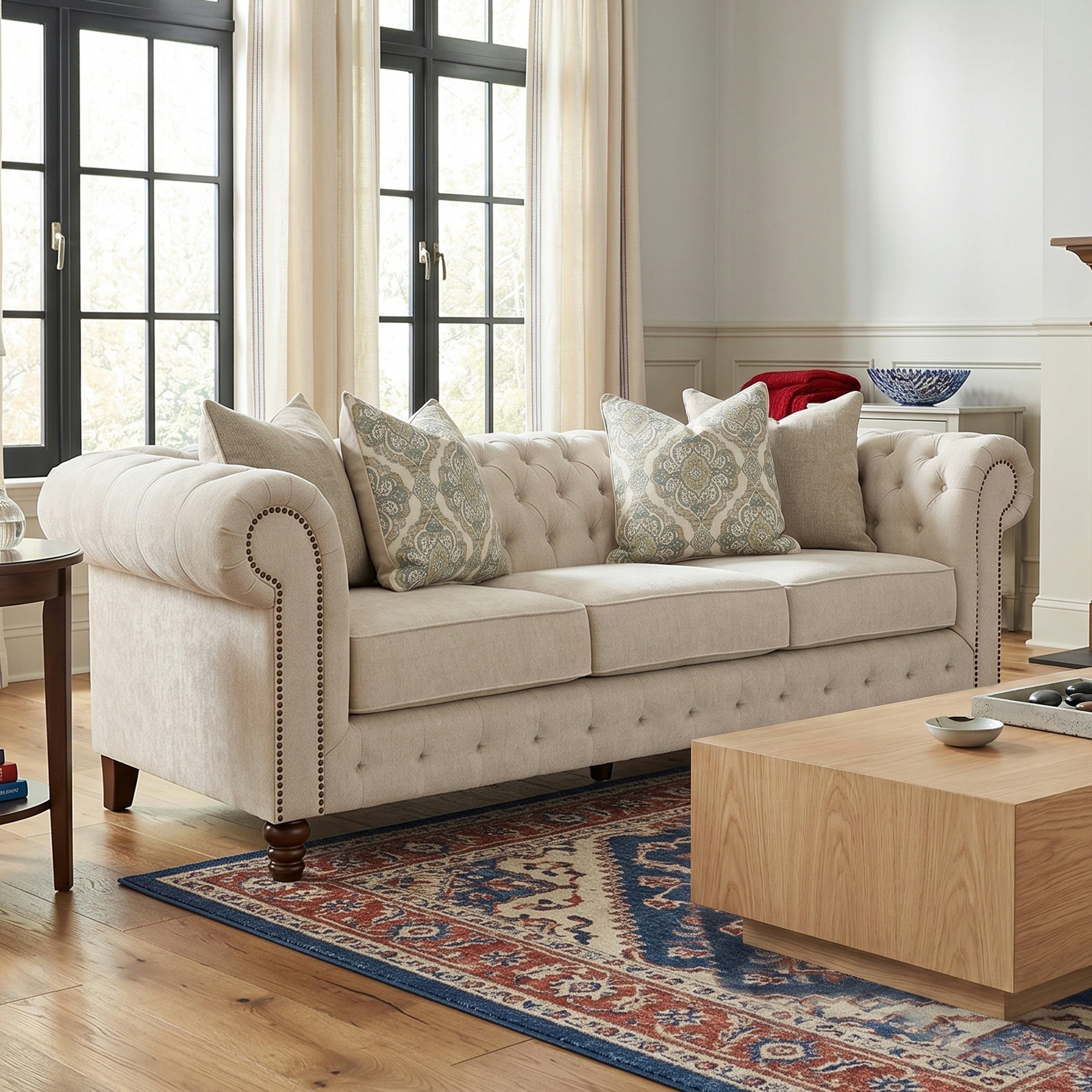 Furniture Of America Ravti Traditional Beige Soild Wood Chesterfield Rolled Arm Sofa
