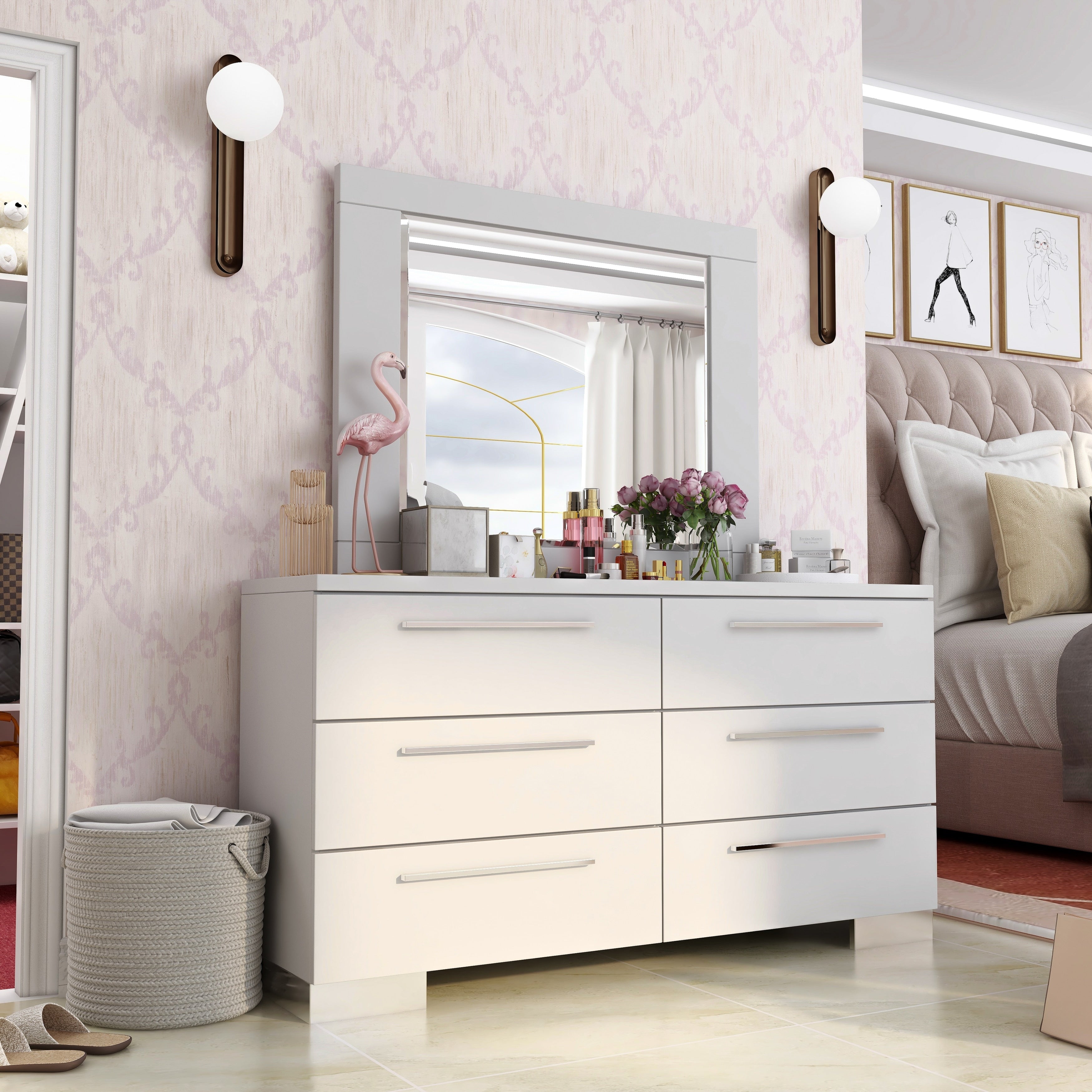 Rema Contemporary White 2 Piece Dresser And Mirror Set By Foa