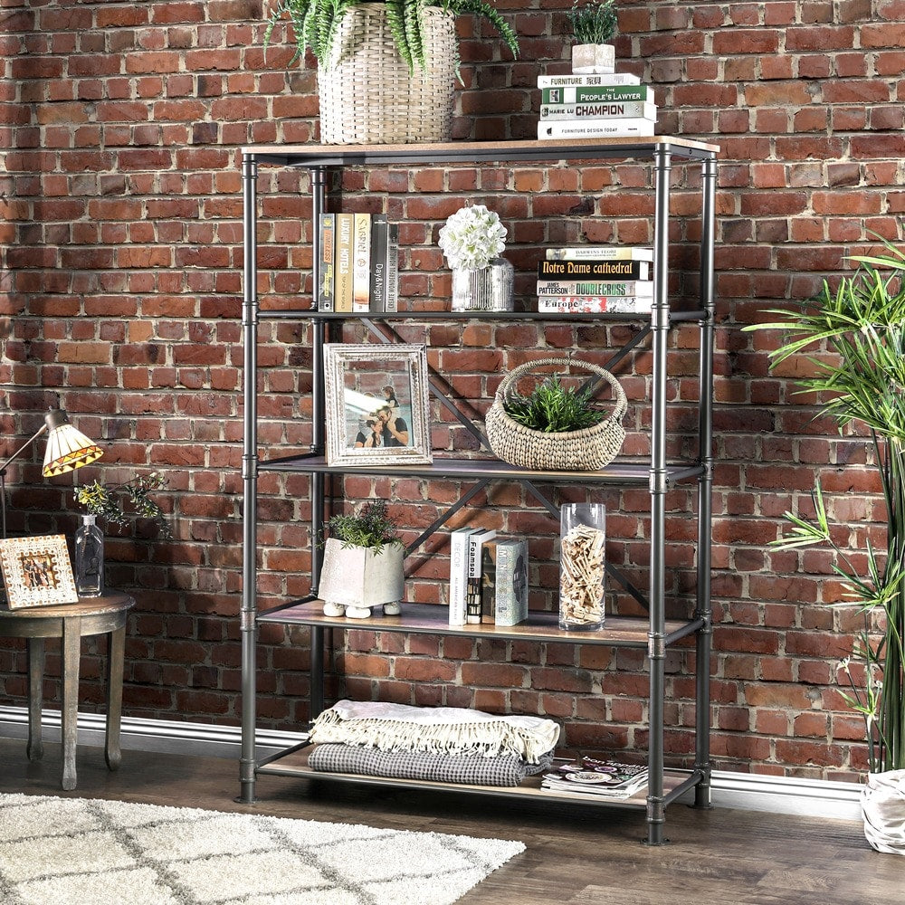 Revo Industrial Pipe Inspired 5 Tier Sand Black Bookshelf By Foa