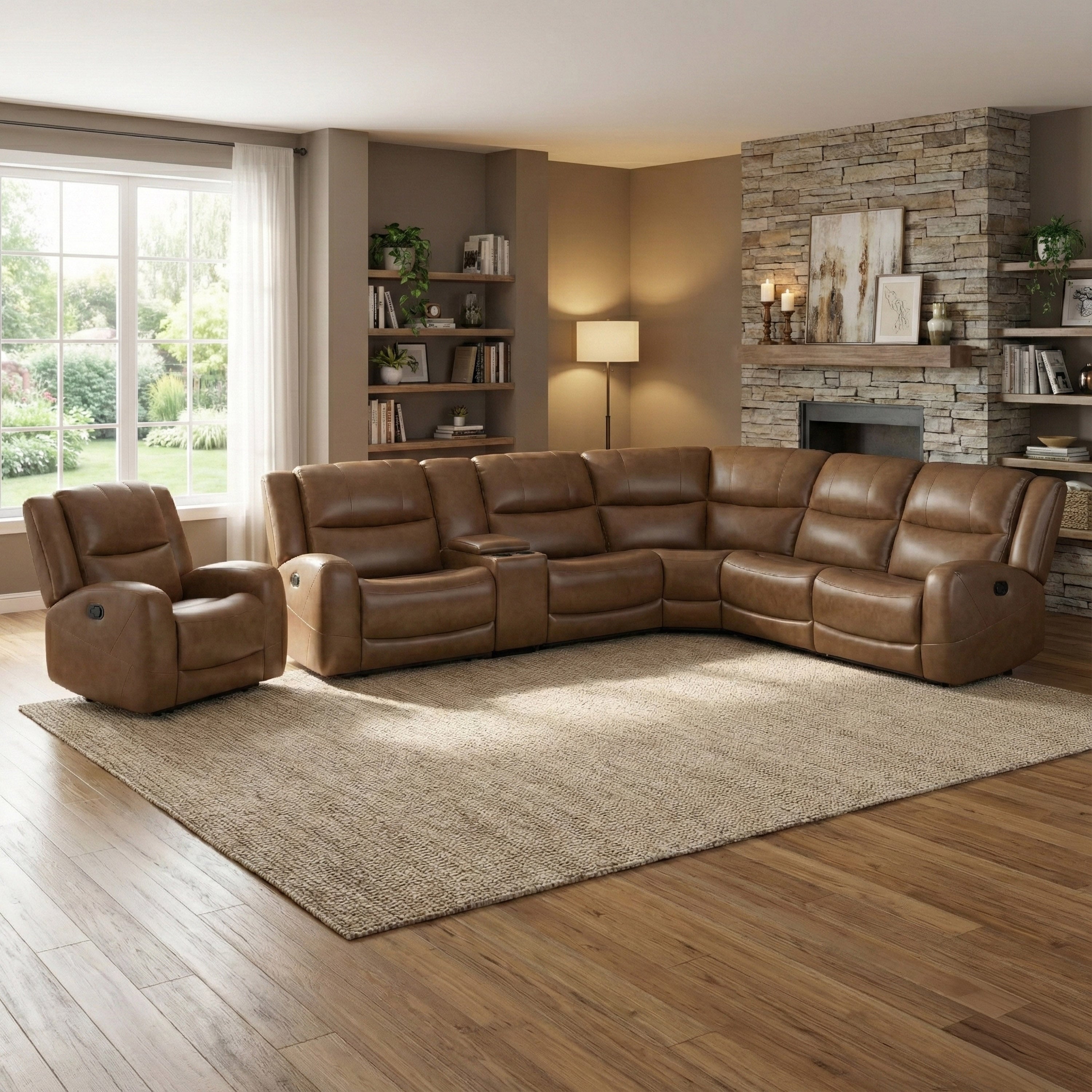Furniture Of America Rhea Modern 2 Piece Brown Top Grain Leather Sectional Sofa And Recliner Set