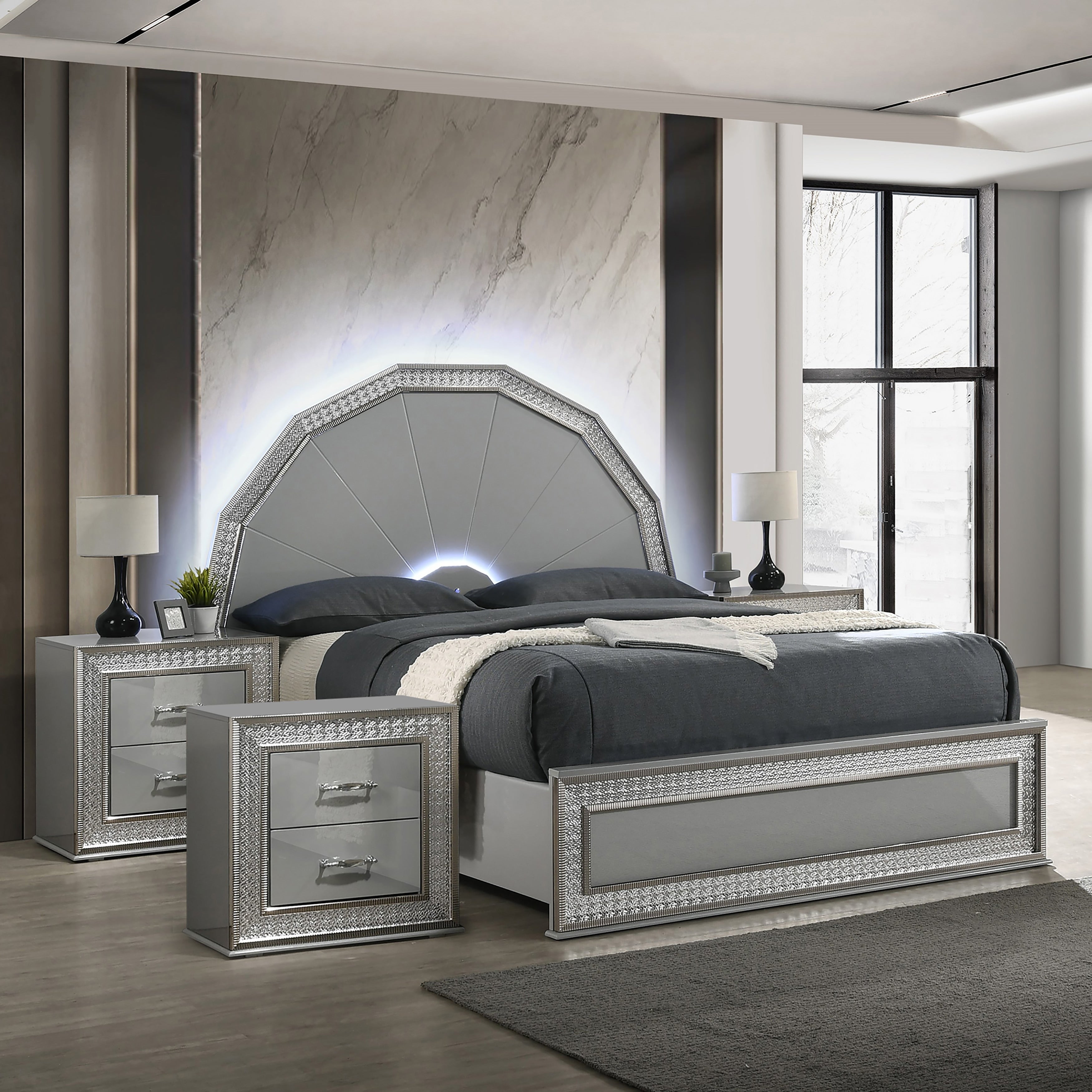 Furniture Of America Rosdale Glam 3 Piece Metallic Grey Wood King Platform Bedroom Set With 7 Sided Led Headboard