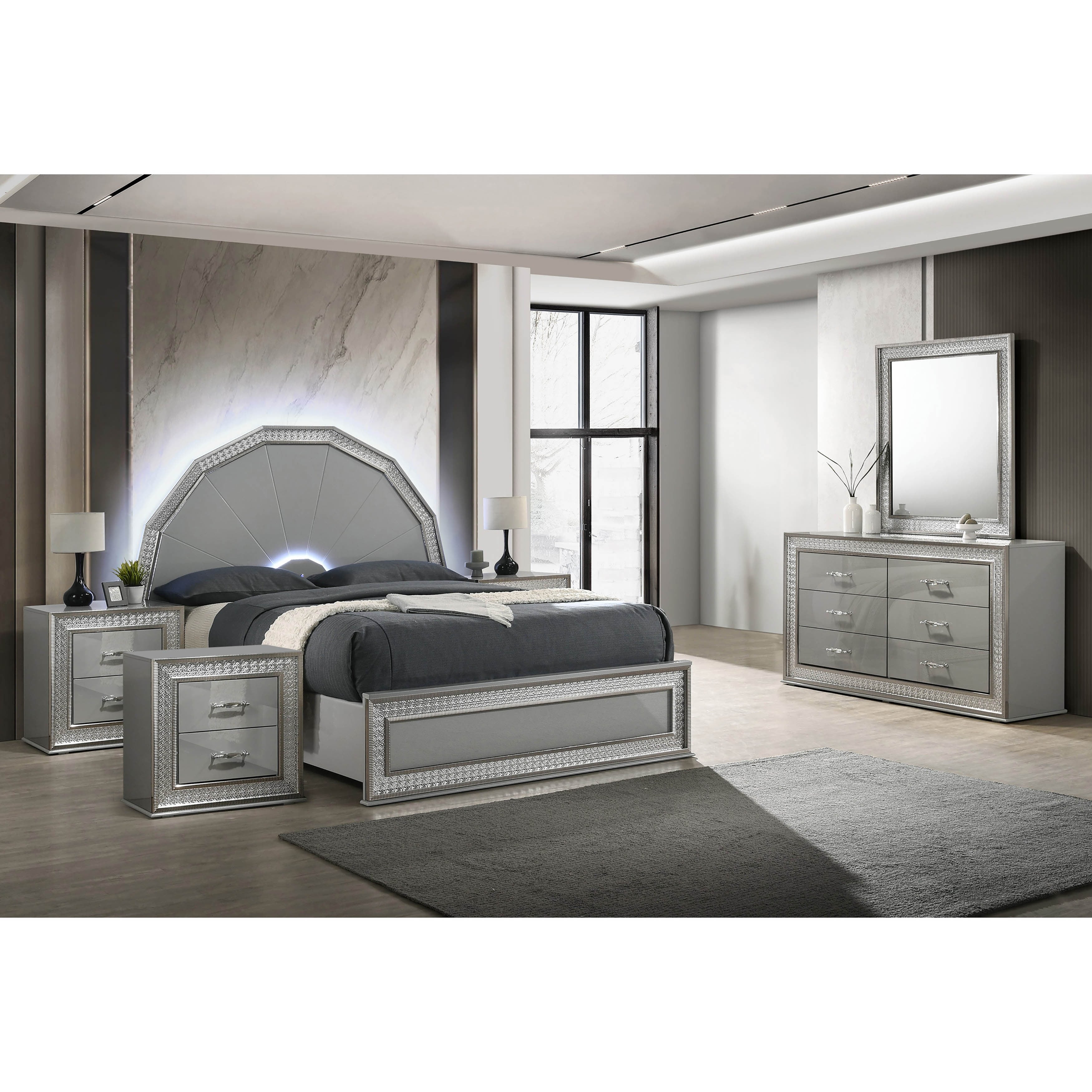 Furniture Of America Rosdale Glam 5 Piece Metallic Grey Wood 7 Sided Led Headboard Platform Bedroom Set With Rectangular Mirror