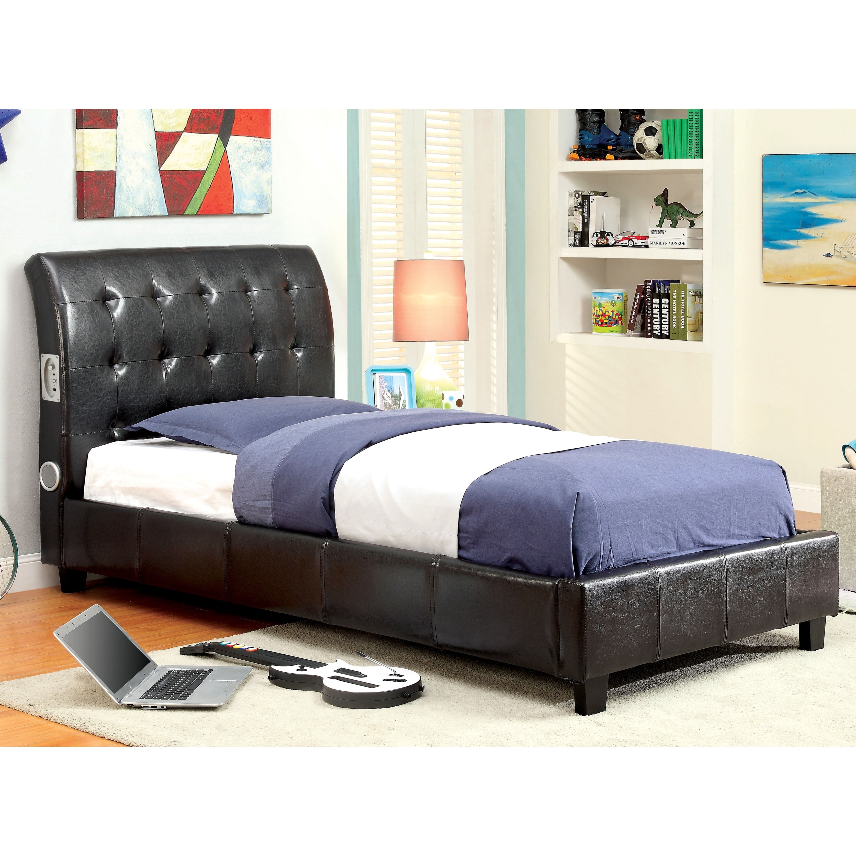 Furniture Of America Leatherette Platform Bed With Bluetooth Speakers
