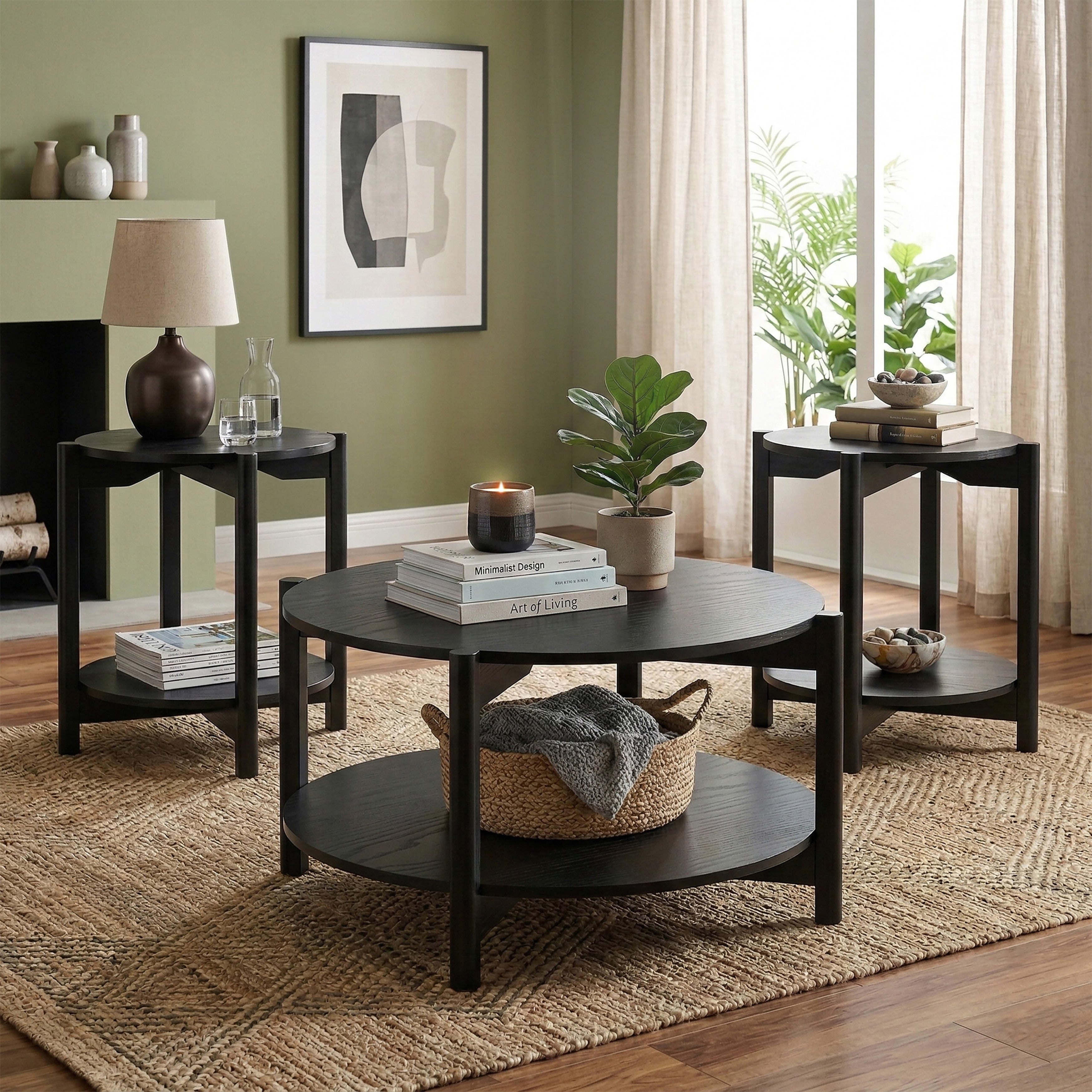 Furniture Of America Rovion 3 Piece Round Wood Coffee Table Set With Open Bottom Shelf