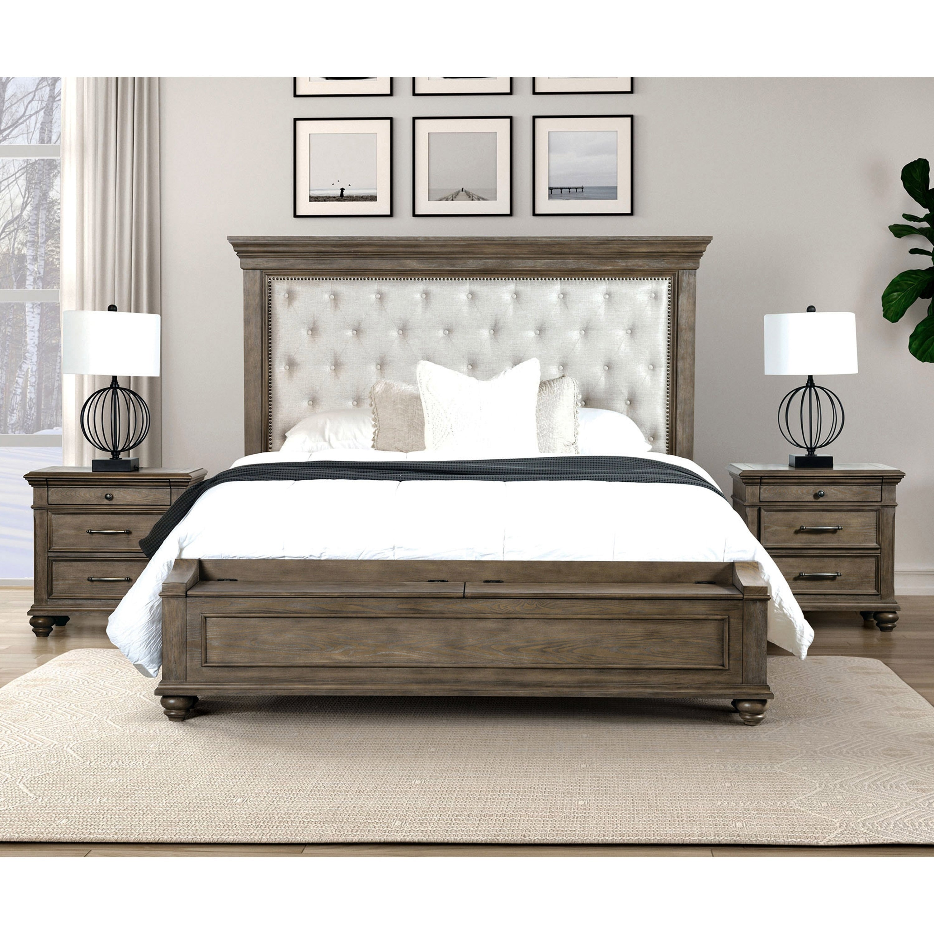 Furniture Of America Rubb 3 Piece Aged Oak Wood Tufted Panel Bedroom Set With Storage Footboard Bench