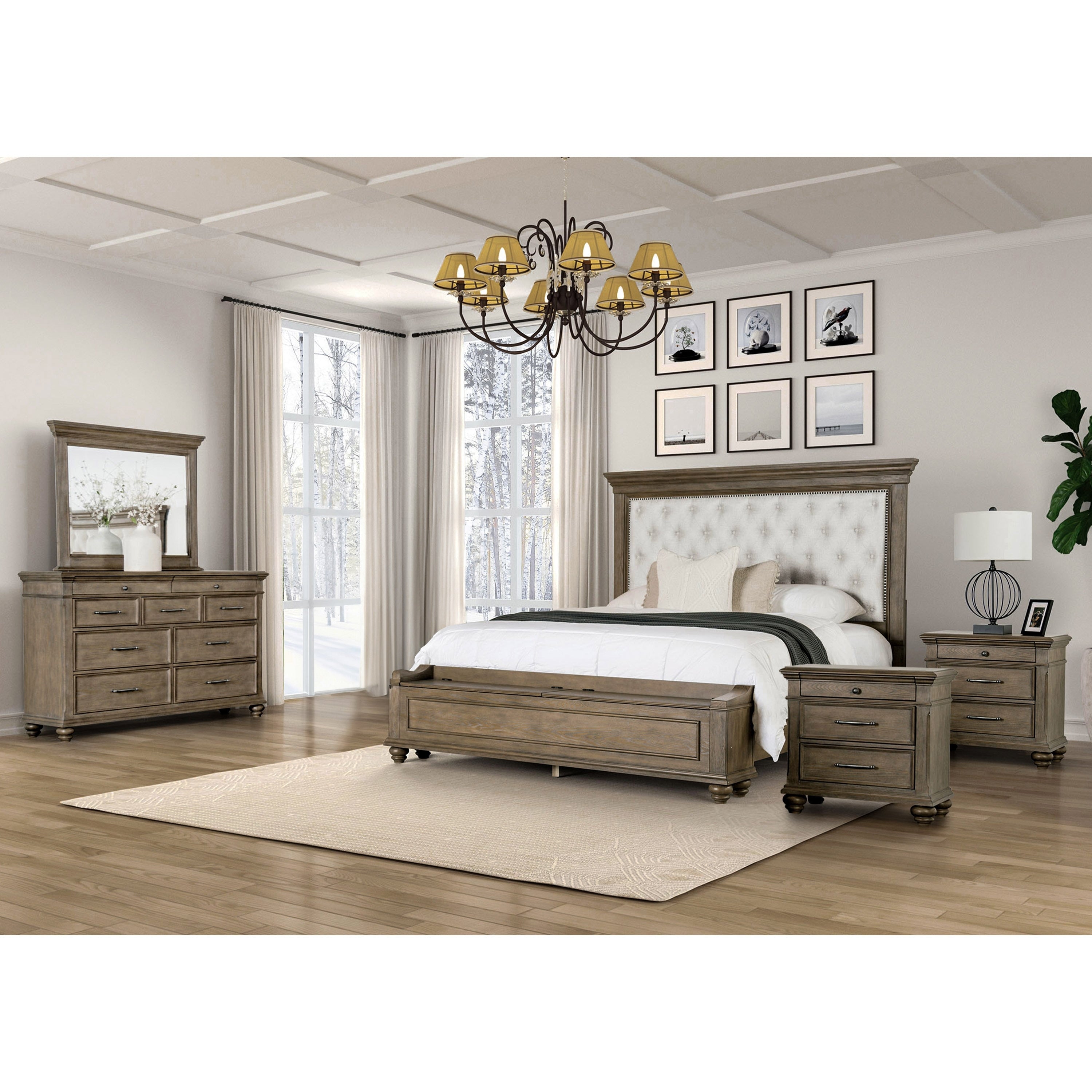 Furniture Of America Rubb 5 Piece Aged Oak Wood Tufted Panel Bedroom Set With Storage Footboard Bench