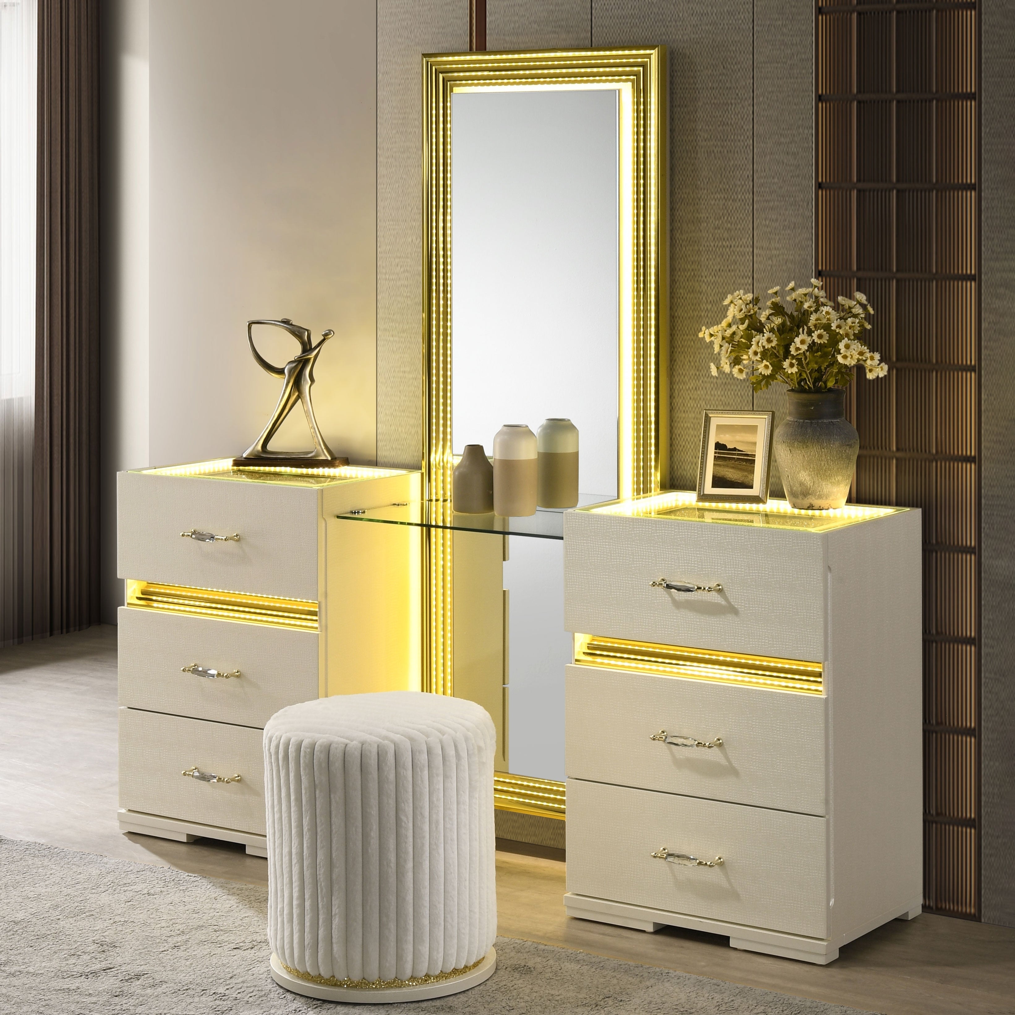 Furniture Of America Saven Modern 2 Piece 6 Drawer Vanity Set With Led Light And Full Length Mirror