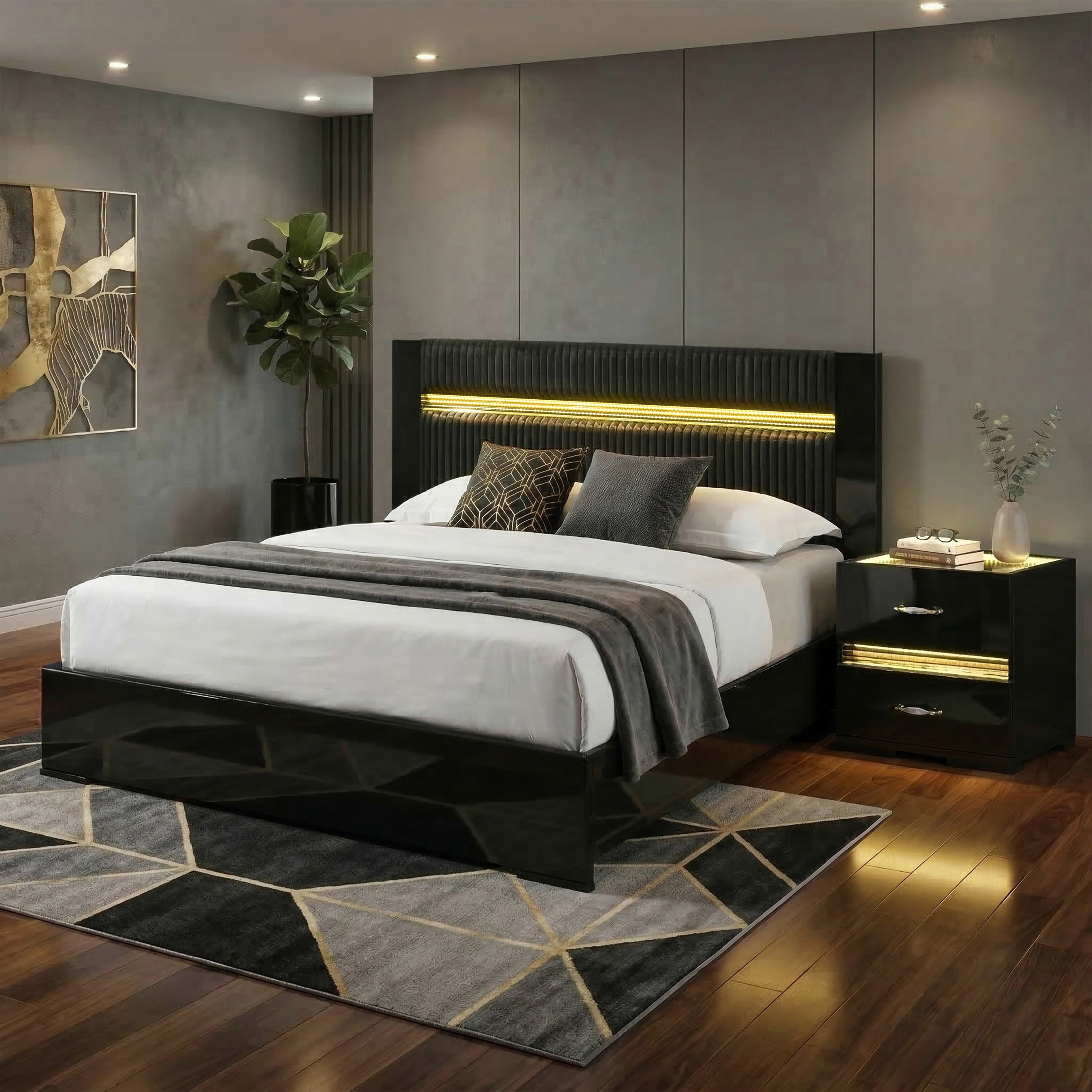 Furniture Of America Saven Modern 2 Piece Black Solid Wood Platform Bedroom Set With Led Light