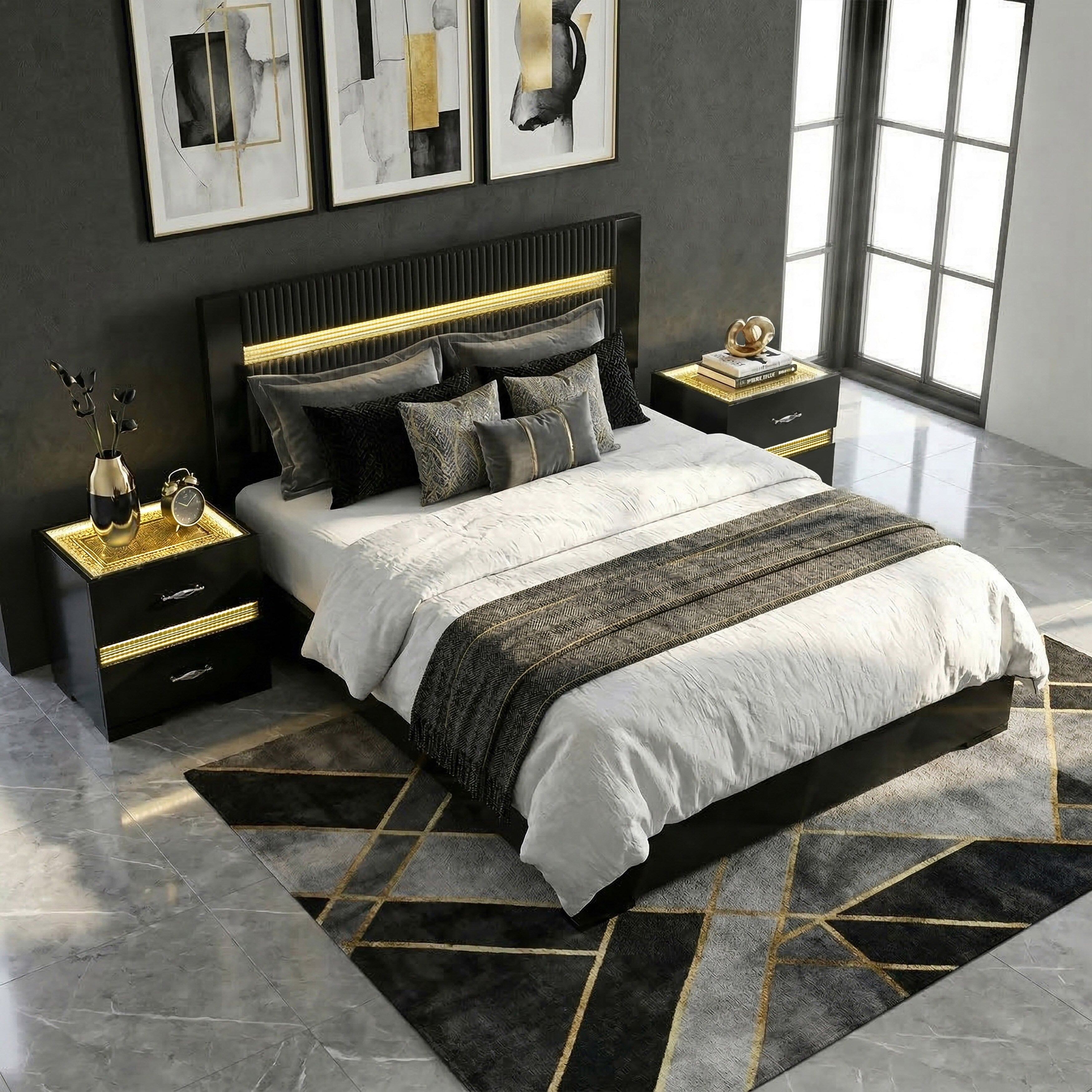 Furniture Of America Saven Modern 3 Piece Black Solid Wood Bedroom Set With 2 Nightstands And Led Light