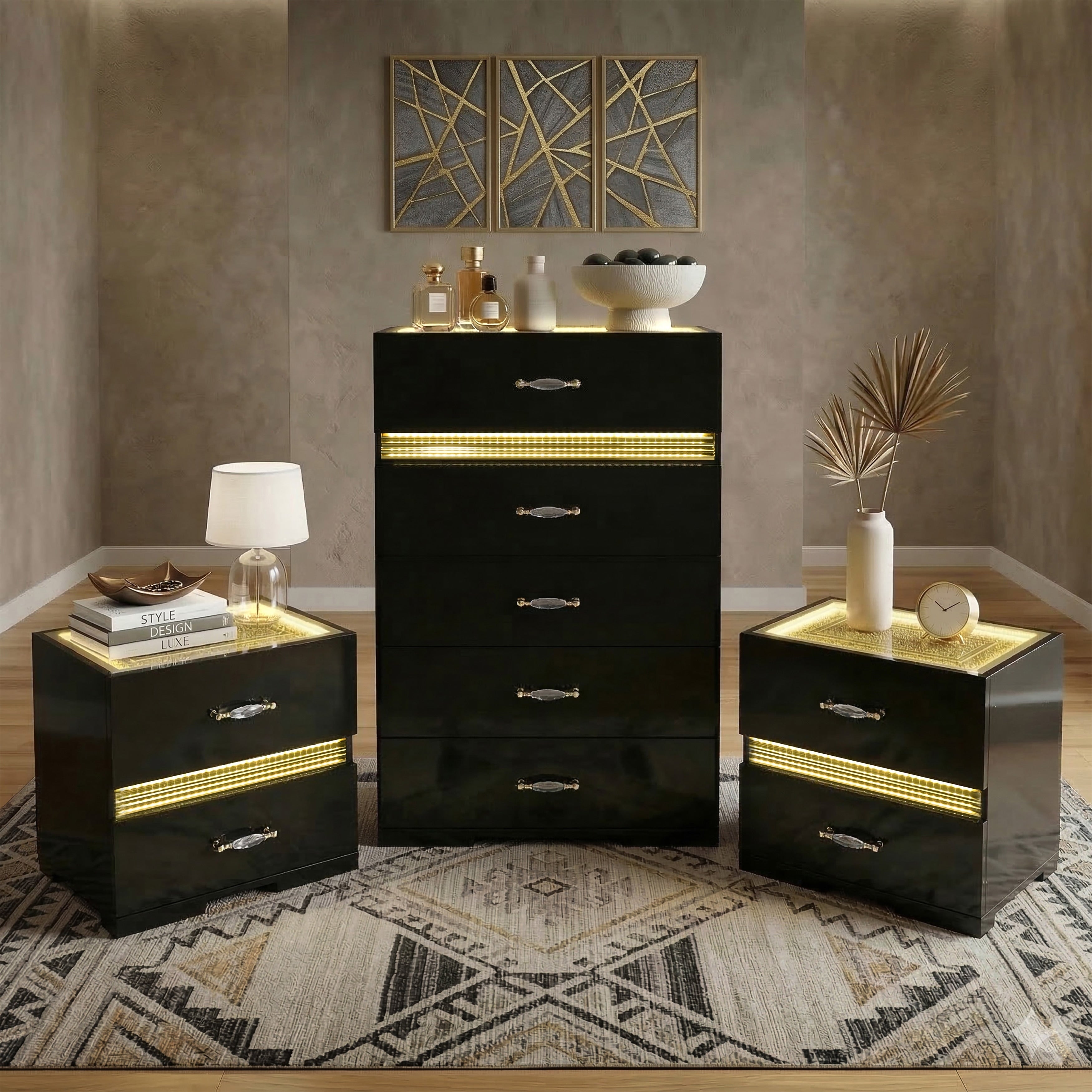Furniture Of America Saven Modern 3 Piece Black Solid Wood Chest And 2 Nightstand Bedroom Set With Led Light