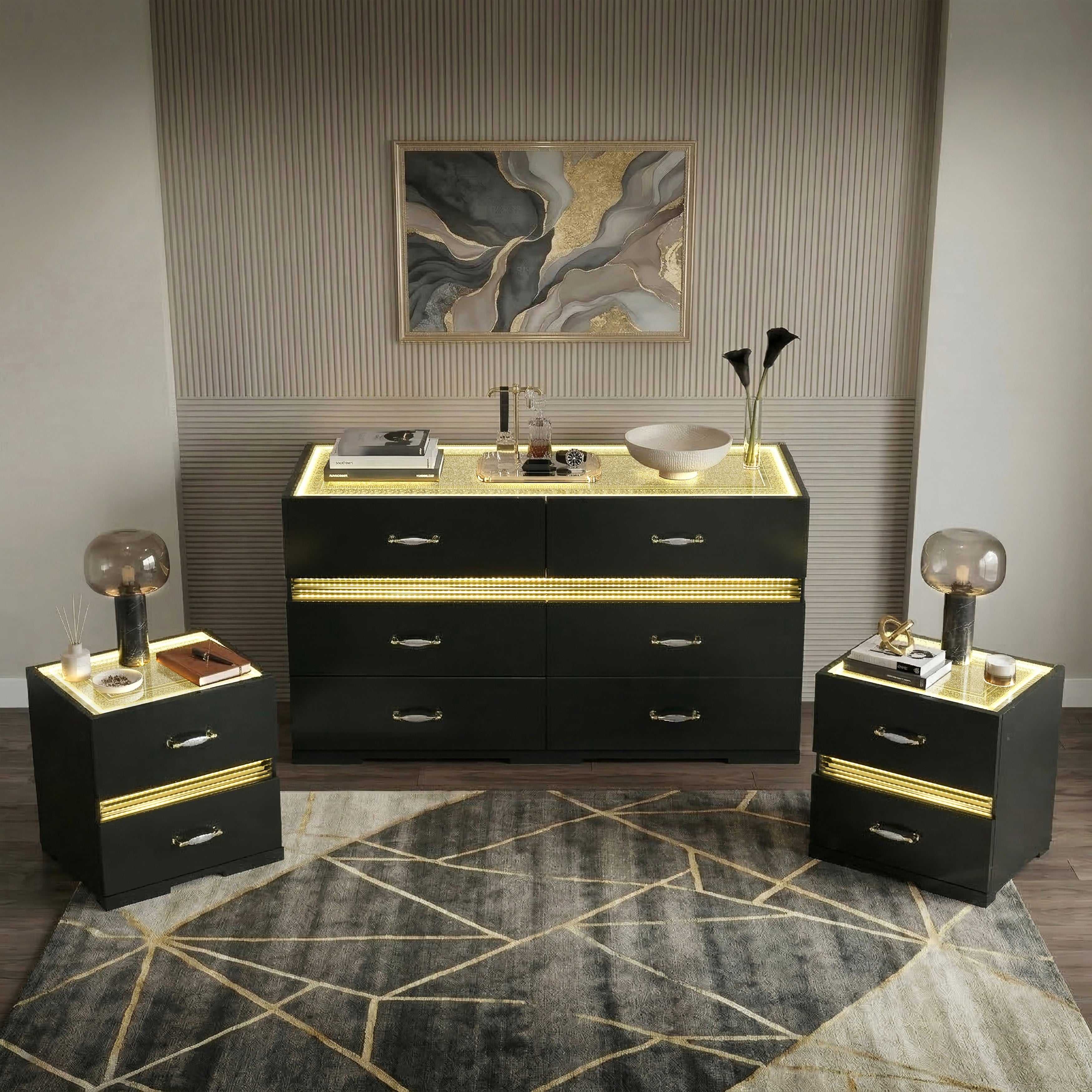 Furniture Of America Saven Modern 3 Piece Black Solid Wood Dresser And 2 Nightstand Bedroom Set With Led Light